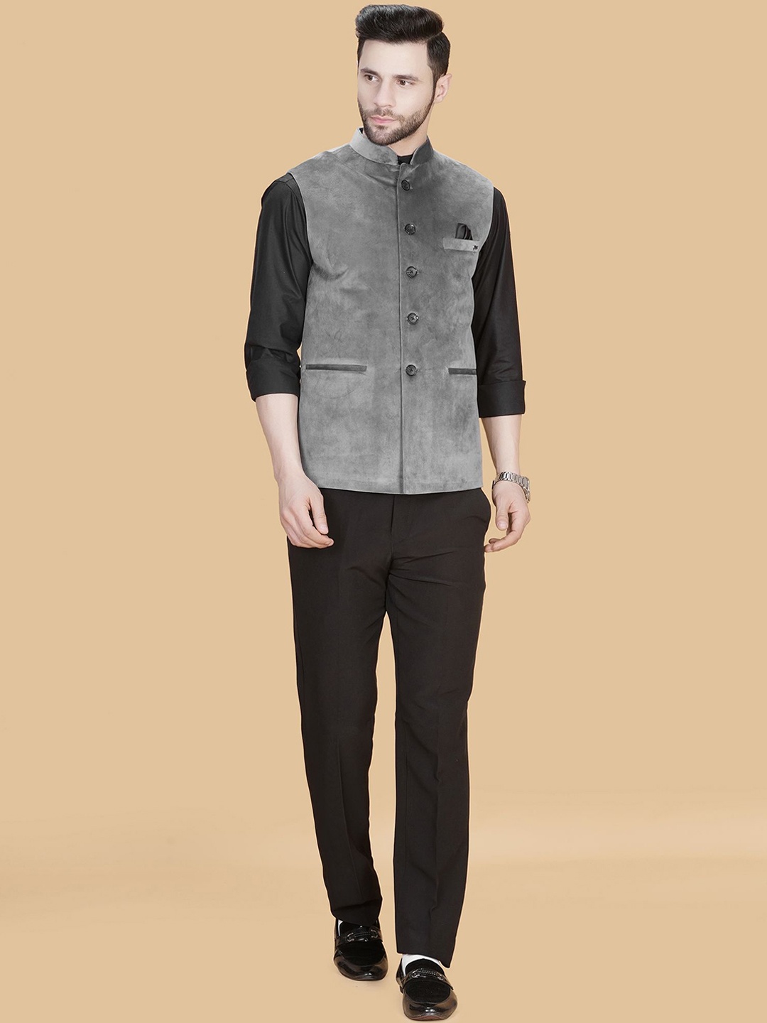 

LA'SCOOT Velvet Mandarin Collar Nehru Jacket, Grey