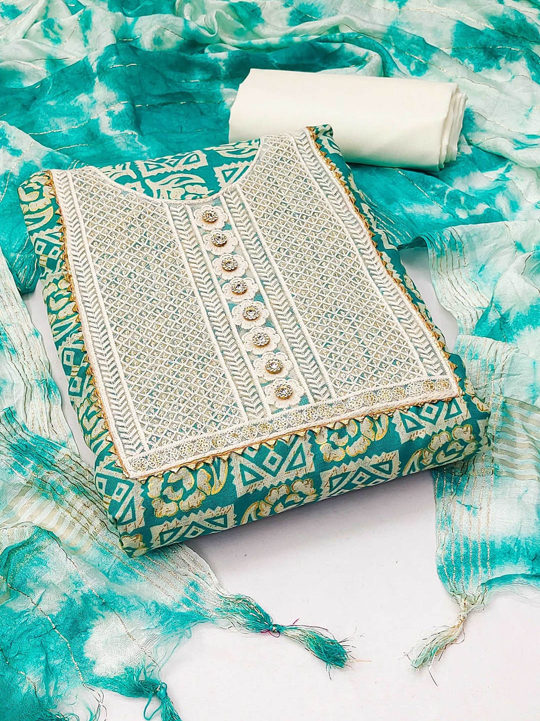 

Ishin Geometric Embroidered Sequinned Detail Pure Cotton Unstitched Dress Material, Sea green