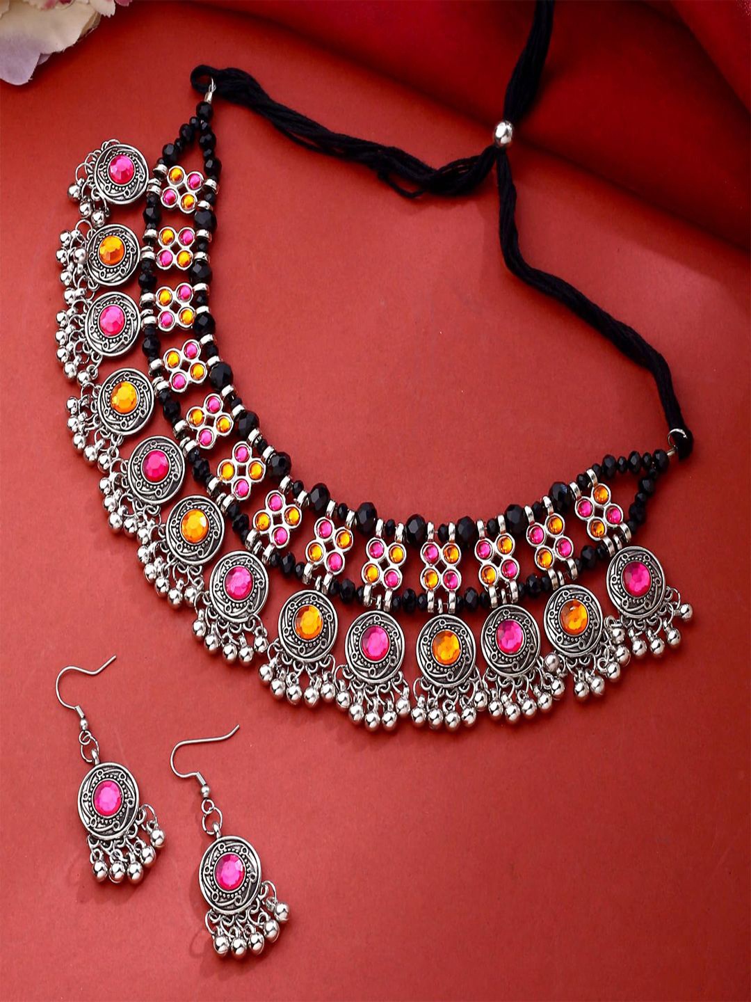 

Krelin Silver-Plated Artificial Stones Studded & Beaded Necklace & Earrings