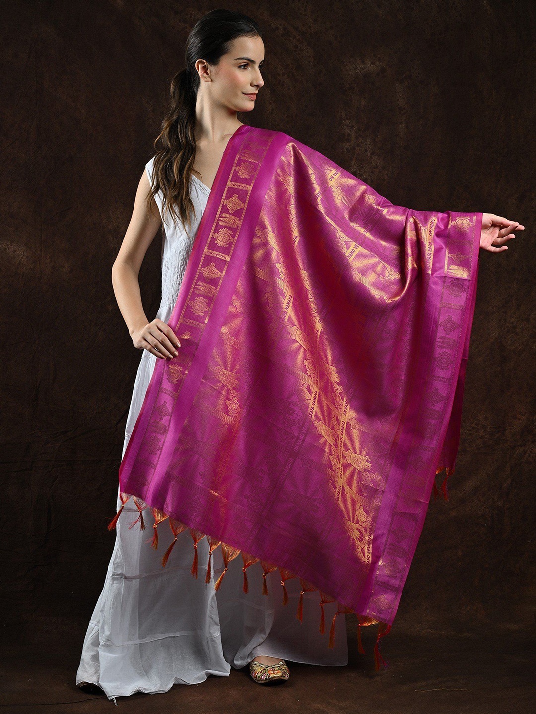 

Exotic India Venkateswar Brocaded Prayer Shawl and Woven Om Namo Venkatesaya Namaha Mantra, Purple