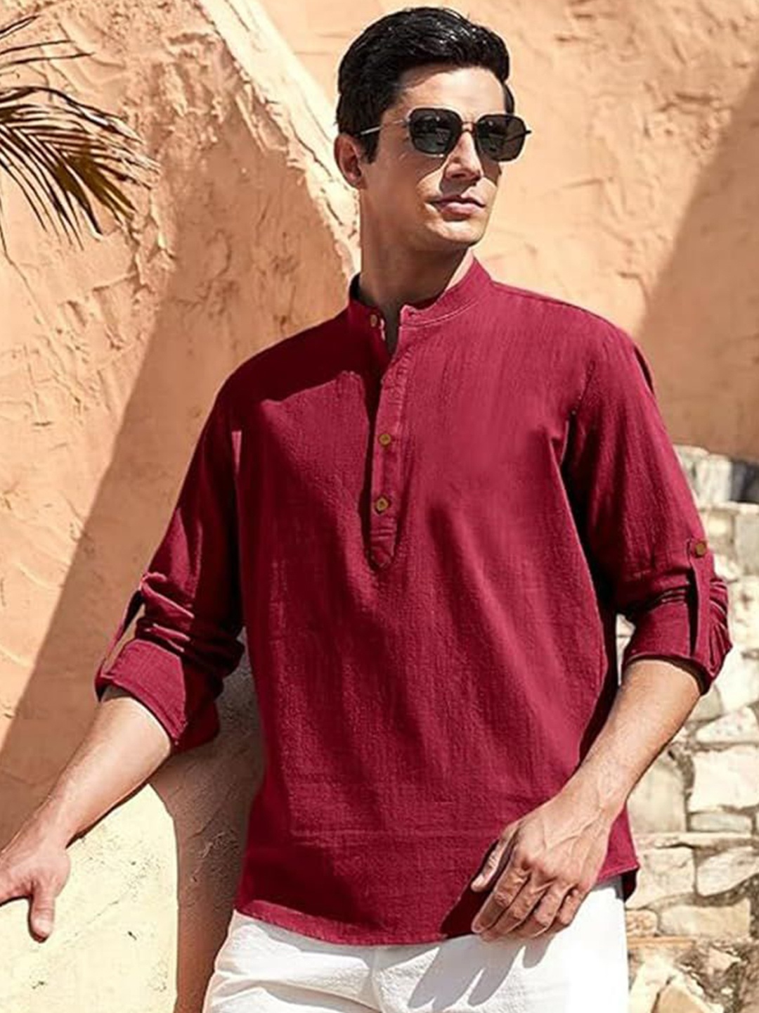 

Vida Loca Band Collar Cotton Short Kurta, Maroon