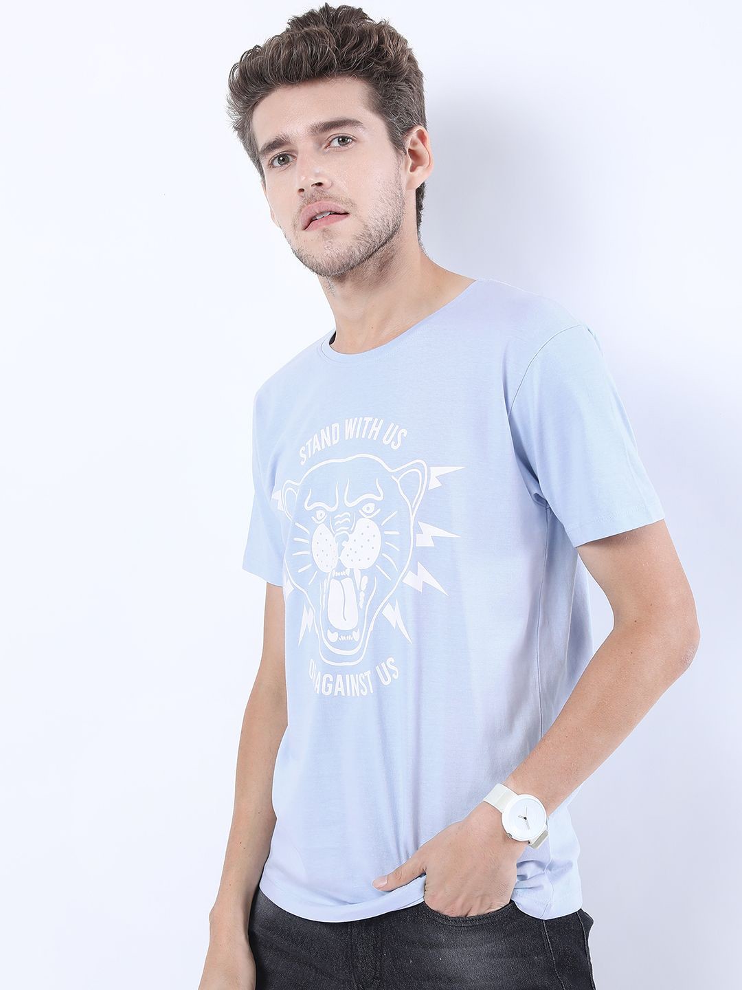 

HIGHLANDER Men Graphic Printed Round Neck Cotton Slim Fit T-shirt, Blue