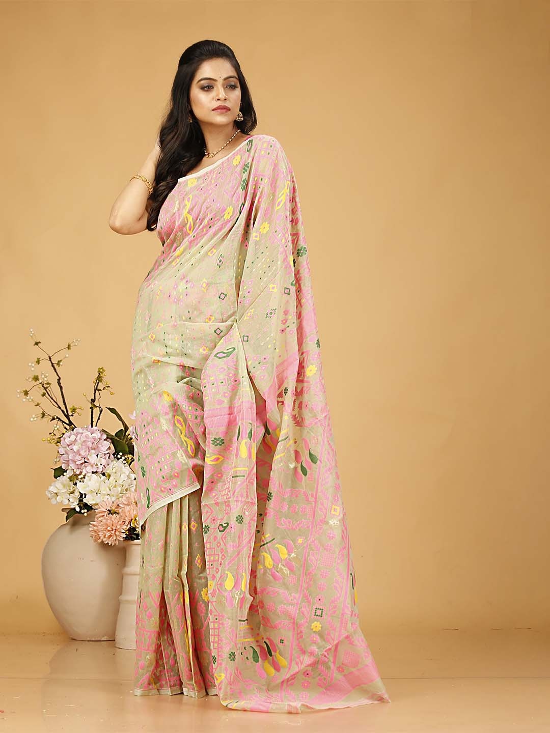 

SLAGHA Woven Design Zari Jamdani Saree, Cream