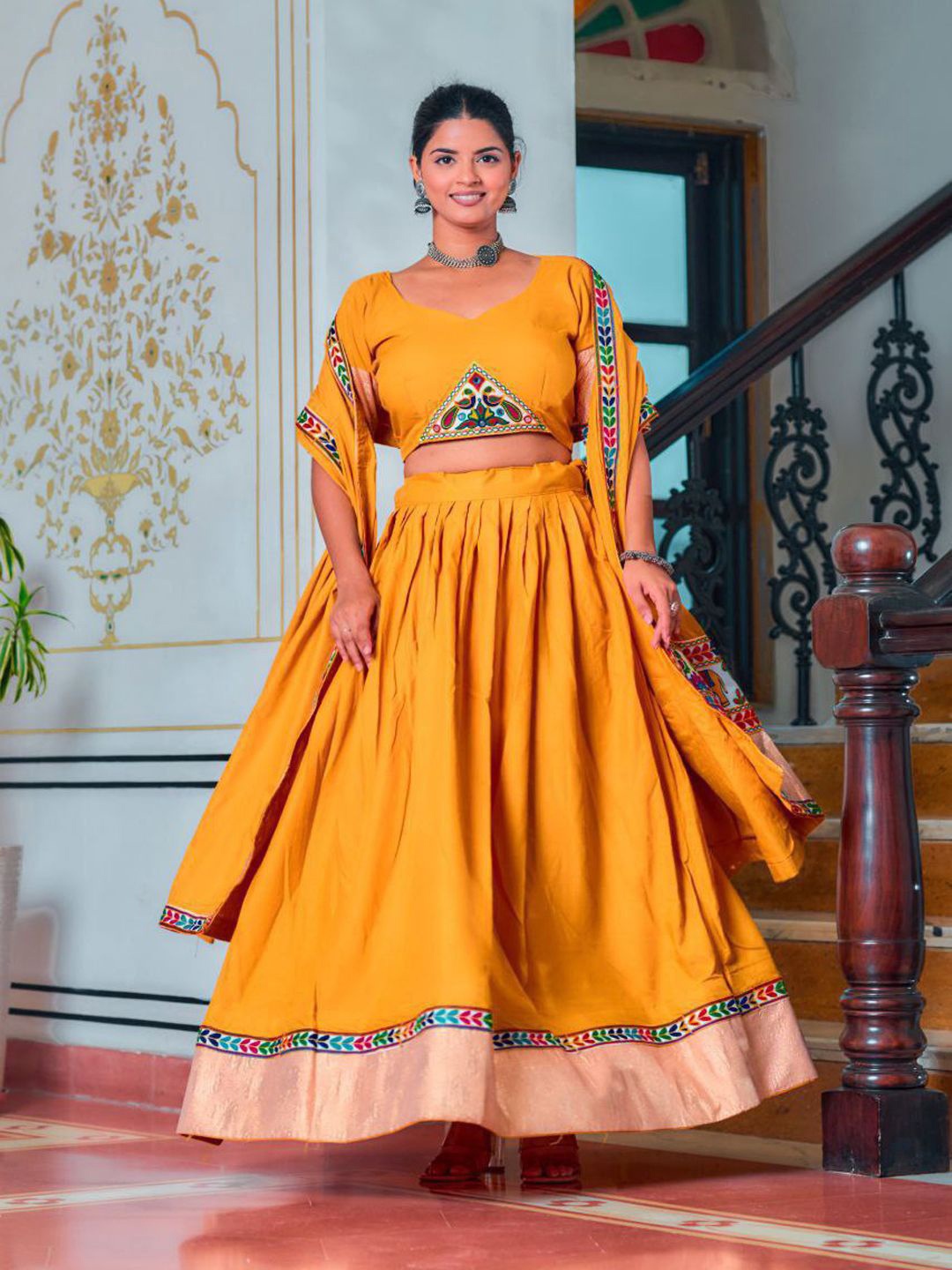 

ZIBLON Embroidered Patchwork Ready to Wear Lehenga & Blouse With Dupatta, Yellow