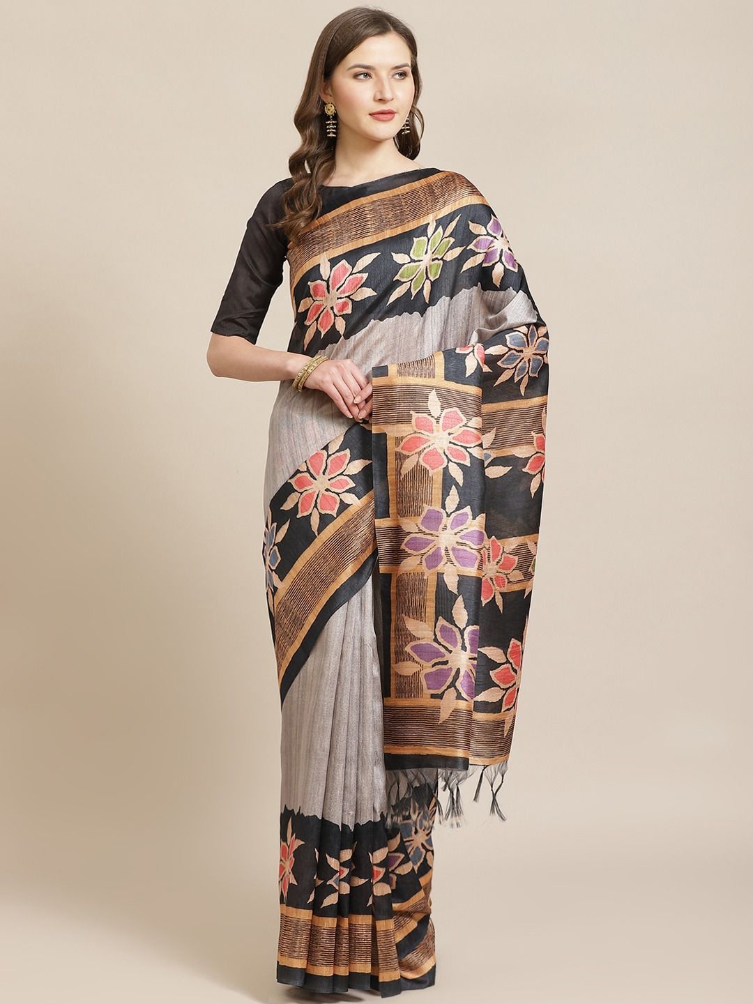 

Mitera Floral Art Silk Printed Saree with Matching Blouse, Grey