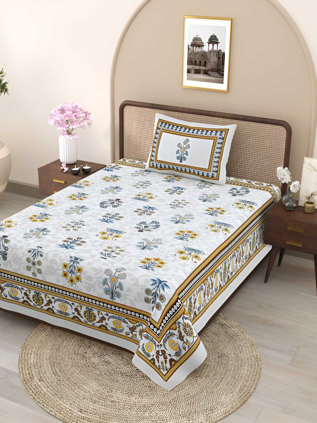 

Jinaya's Multicoloured & Multicoloured Floral 300 TC Single Bedsheet with 1 Pillow Covers, Multi