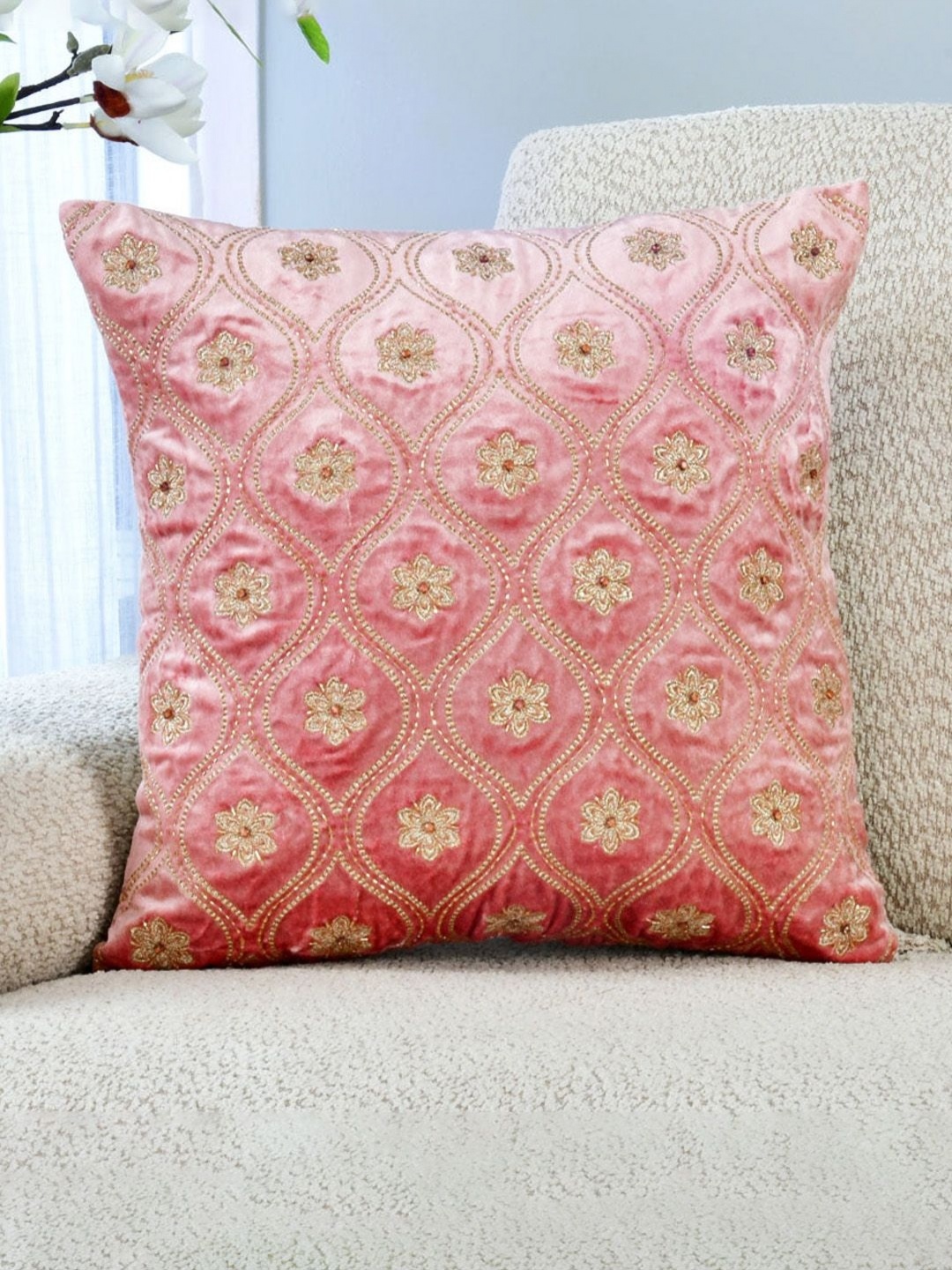 

Athome by Nilkamal Pink & Gold Toned Floral Embroidered Square Cushion Cover