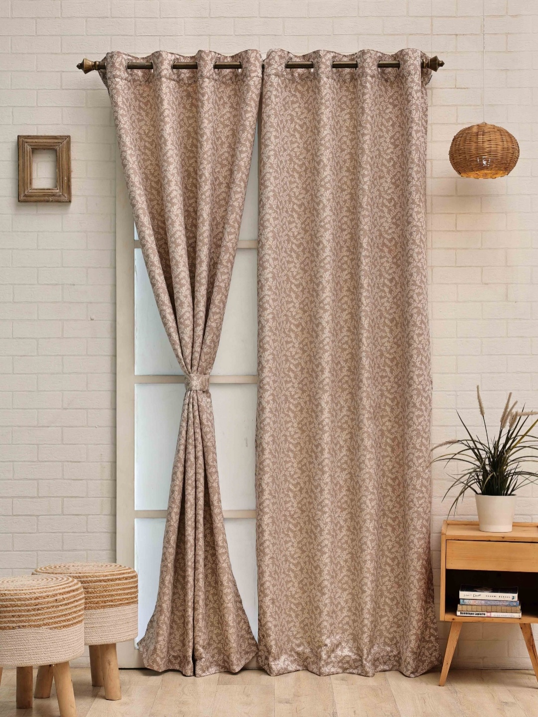 

Ariana Coffee Brown & Gold-Toned Floral Room Darkening Long Door Curtain