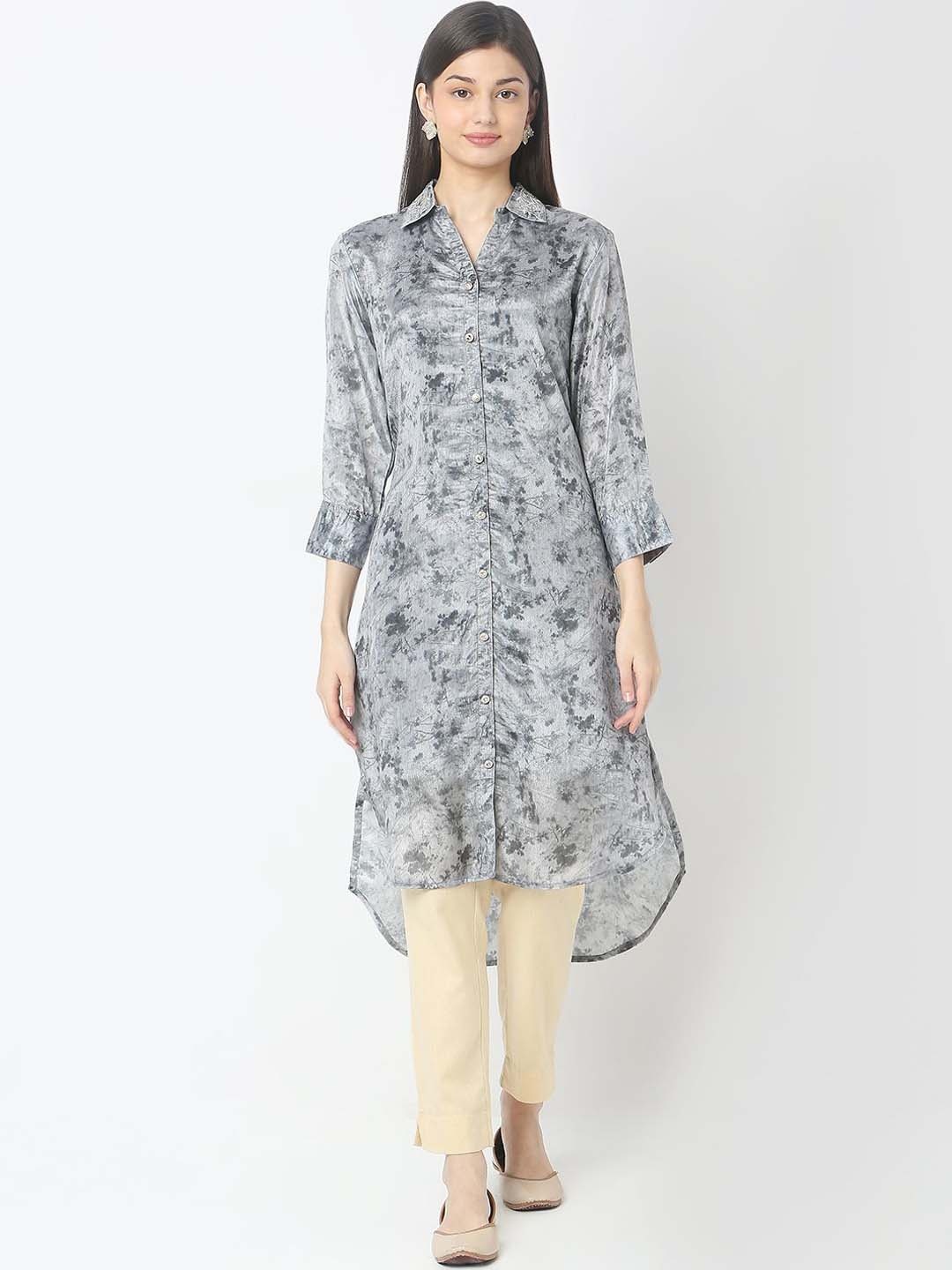 

Ethnicity Abstract Printed Shirt Collar Straight Kurta, Grey