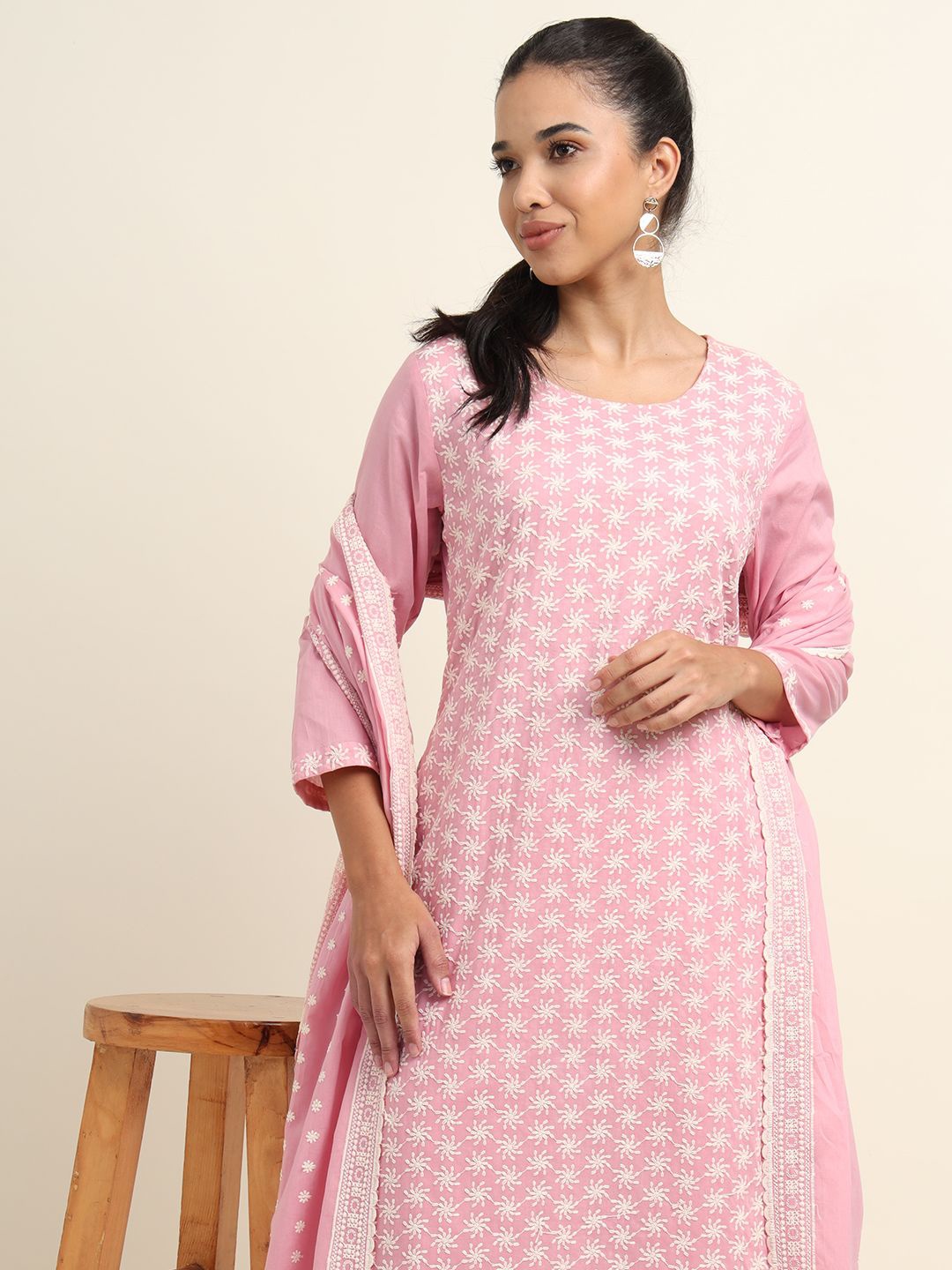 

ZARI Floral Embroidered Chikankari Pure Cotton Straight Kurta With Trousers & Dupatta, Pink