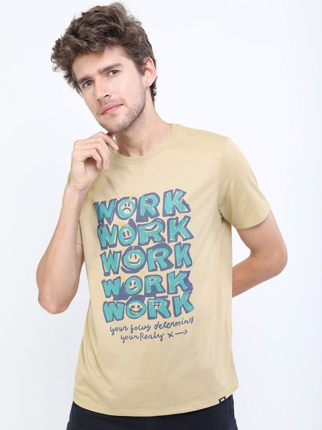 

HIGHLANDER Men Typography Printed Round Neck Slim Fit T-shirt, Beige
