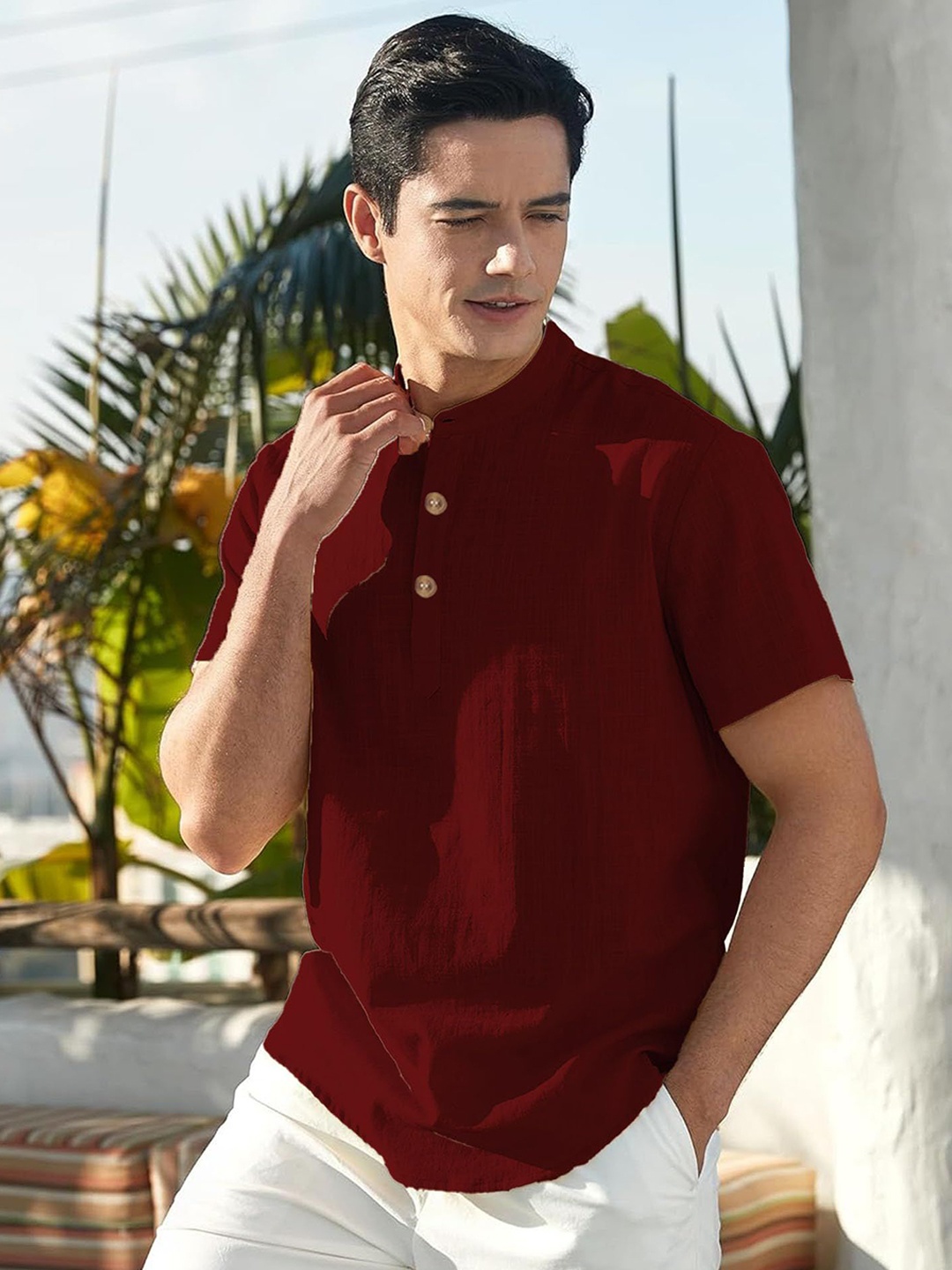 

Vida Loca Mandarin Collar Short Sleeves Cotton Straight Kurta, Maroon