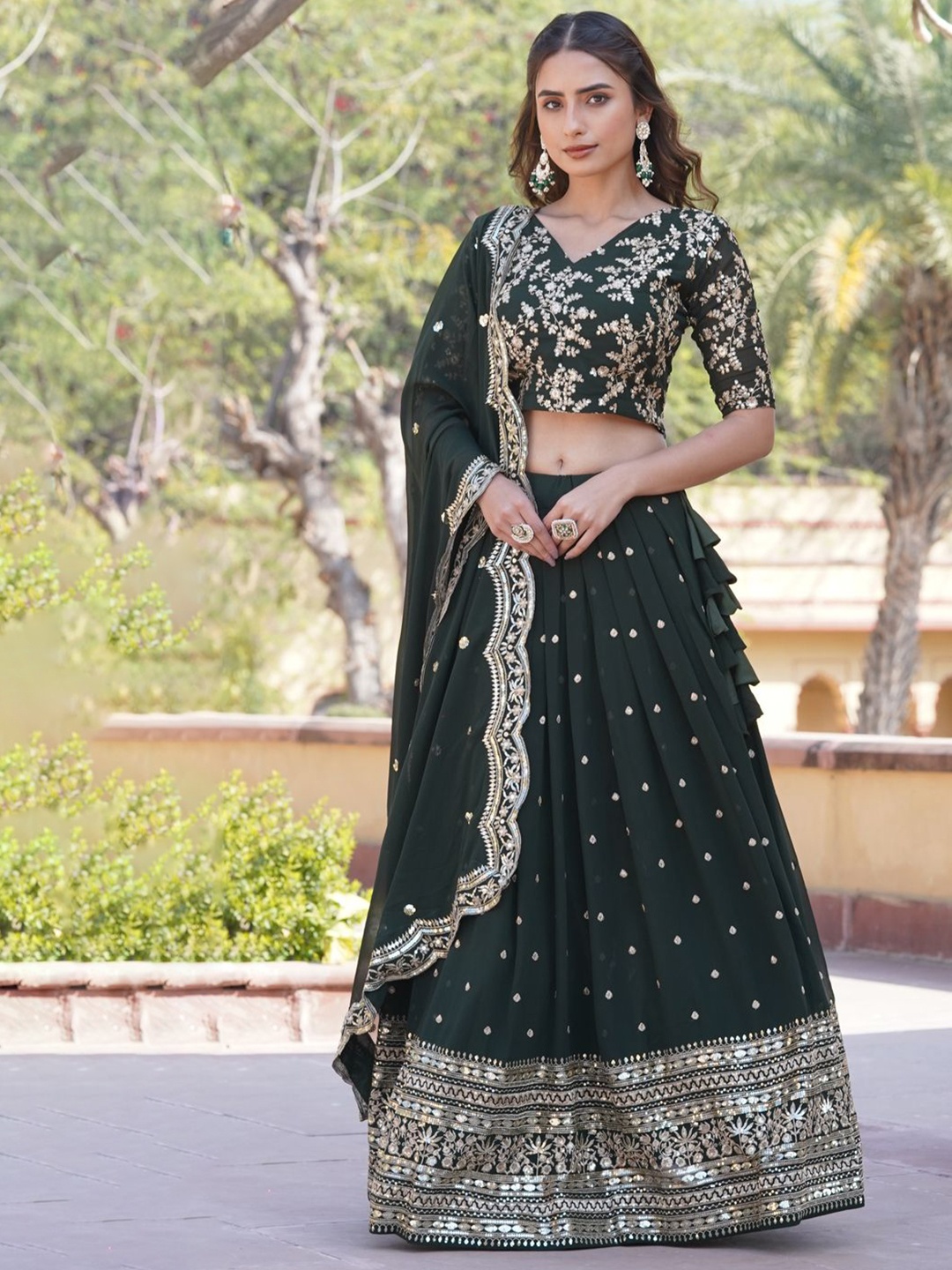 

KALINI Embroidered Sequinned Ready to Wear Lehenga & Unstitched Blouse With Dupatta, Green