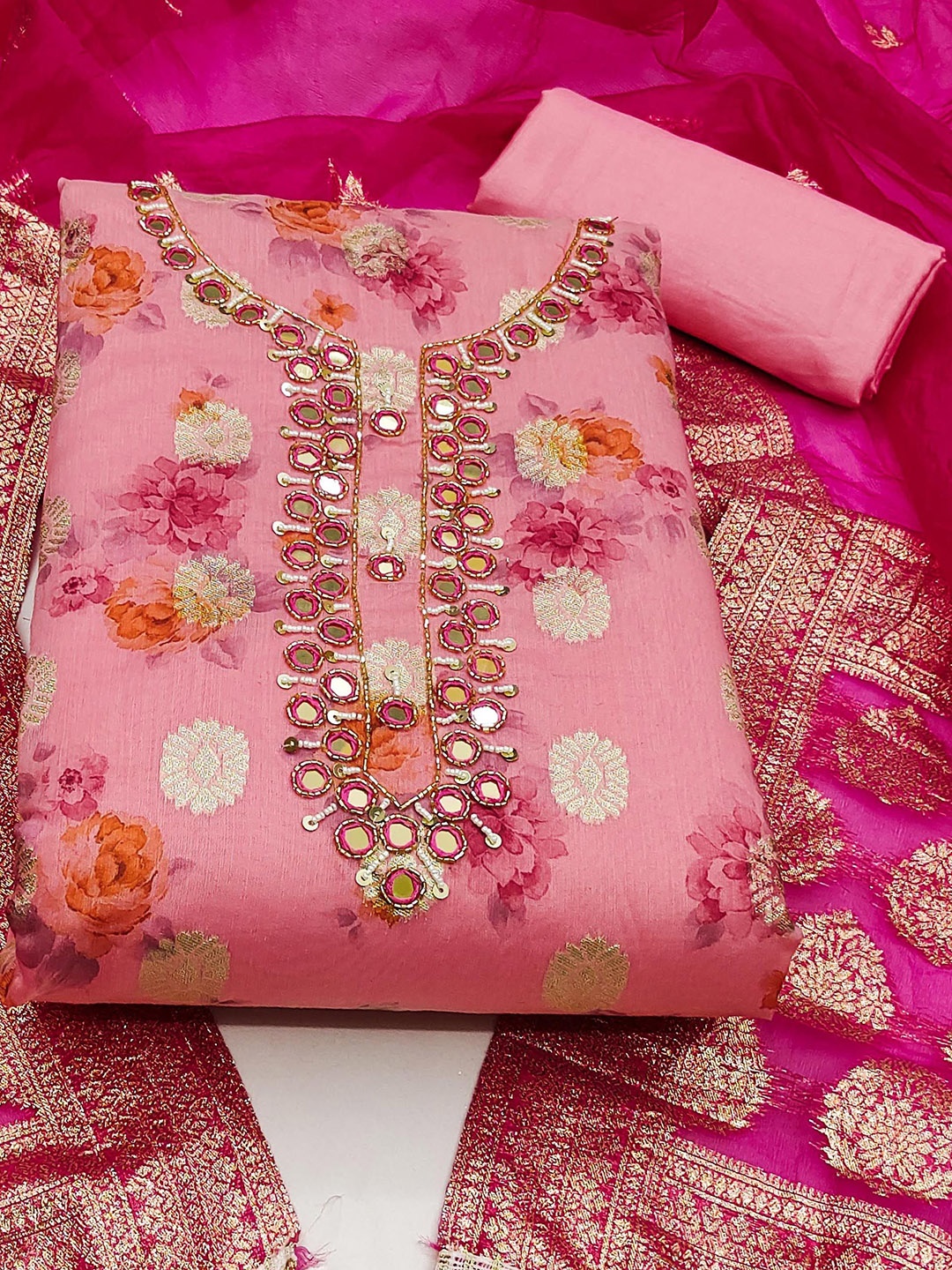 

Ishin Floral Embroidered Mirror Work Cotton Unstitched Dress Material, Pink