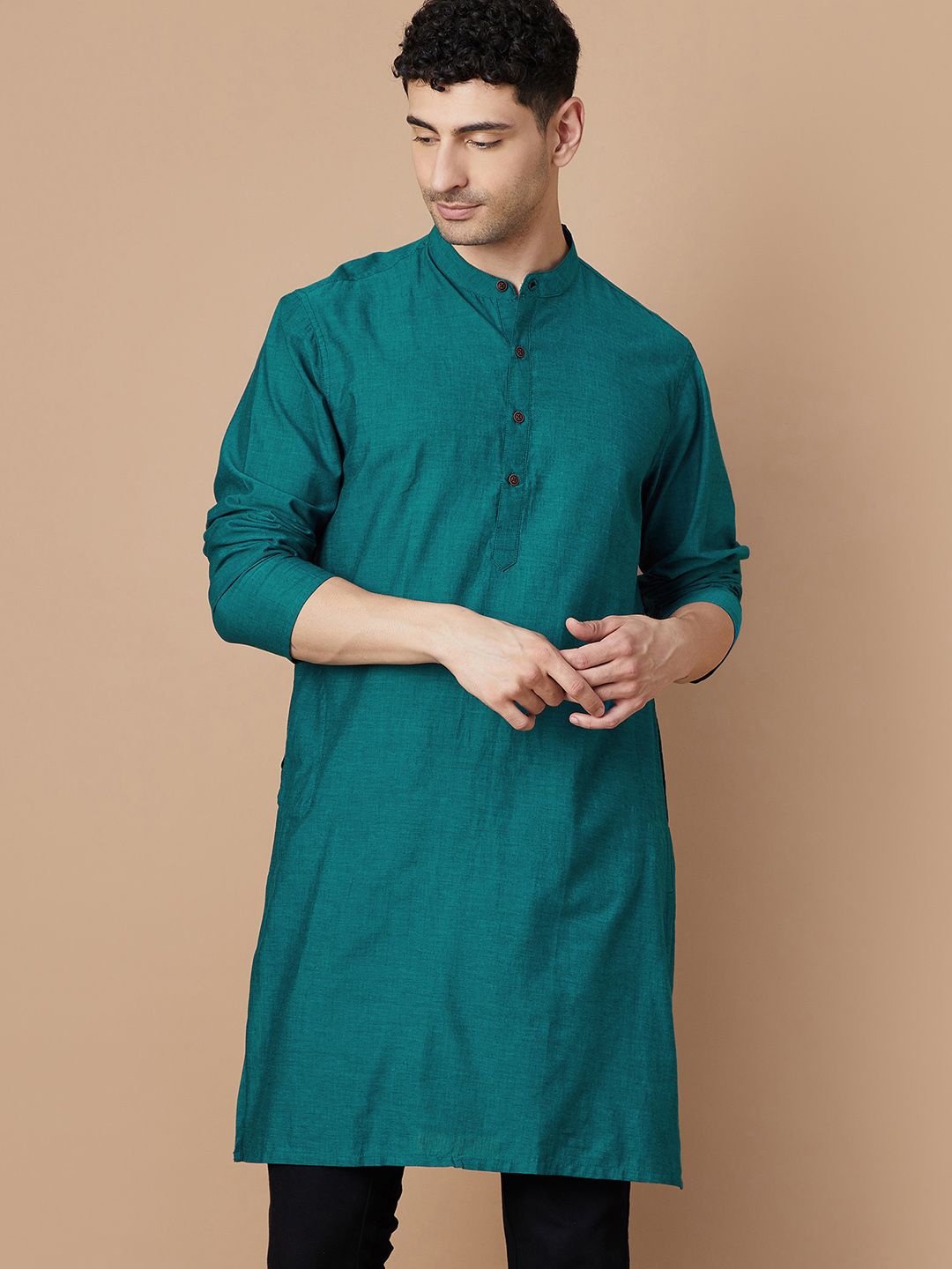 

Melange by Lifestyle Mandarin Collar Cotton Straight Kurta, Teal