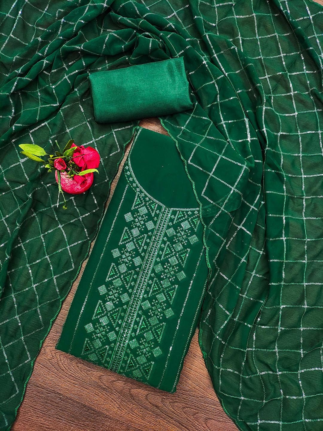 

Ishin Geometric Embroidered Sequinned Silk Georgette Unstitched Dress Material, Green