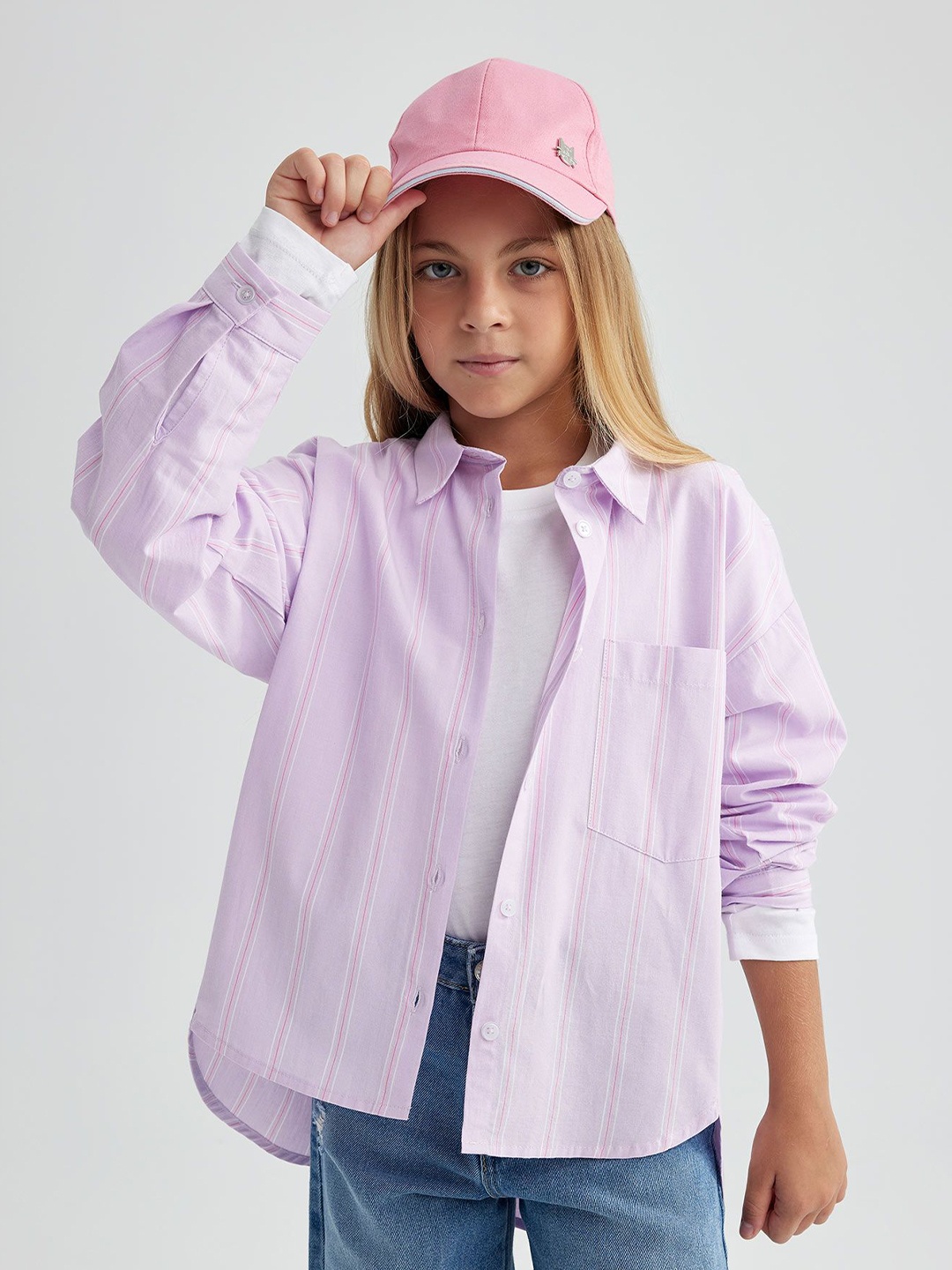 

DeFacto Girls Spread Collar Vertical Striped Cotton Casual Shirt, Pink