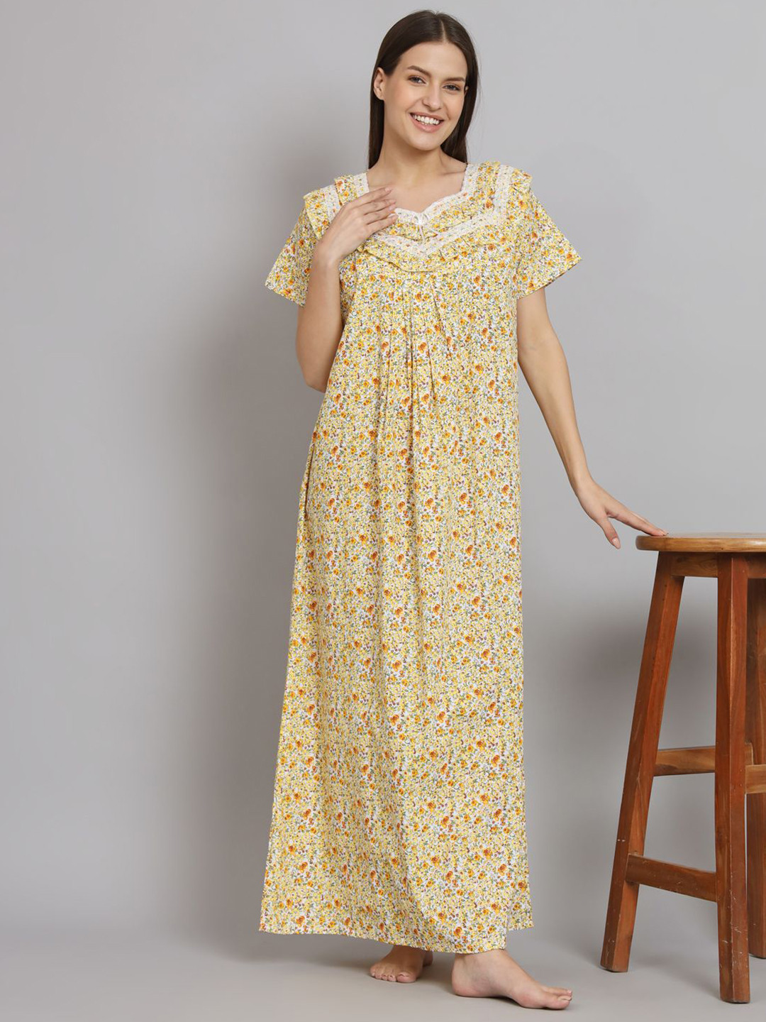 

SEPHANI Floral Printed Pure Cotton Maxi Nightdress, Yellow