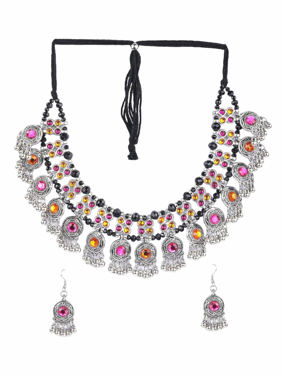 

KRENOZ Silver-Plated Artificial Stones Studded & Beaded Necklace & Earrings