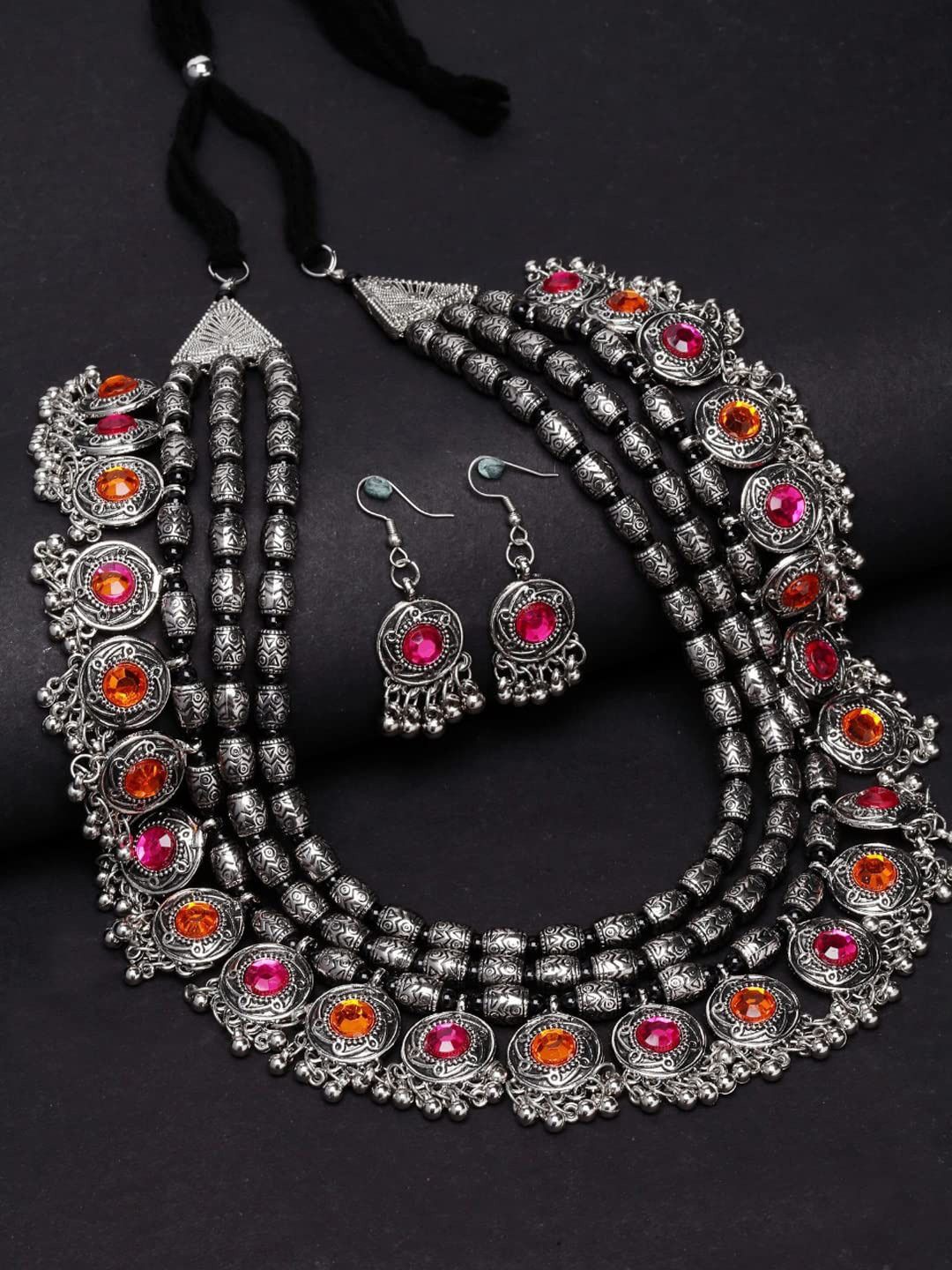 

FIMBUL Silver-Plated Oxidised Stone-Studded & Beaded Jewellery Set