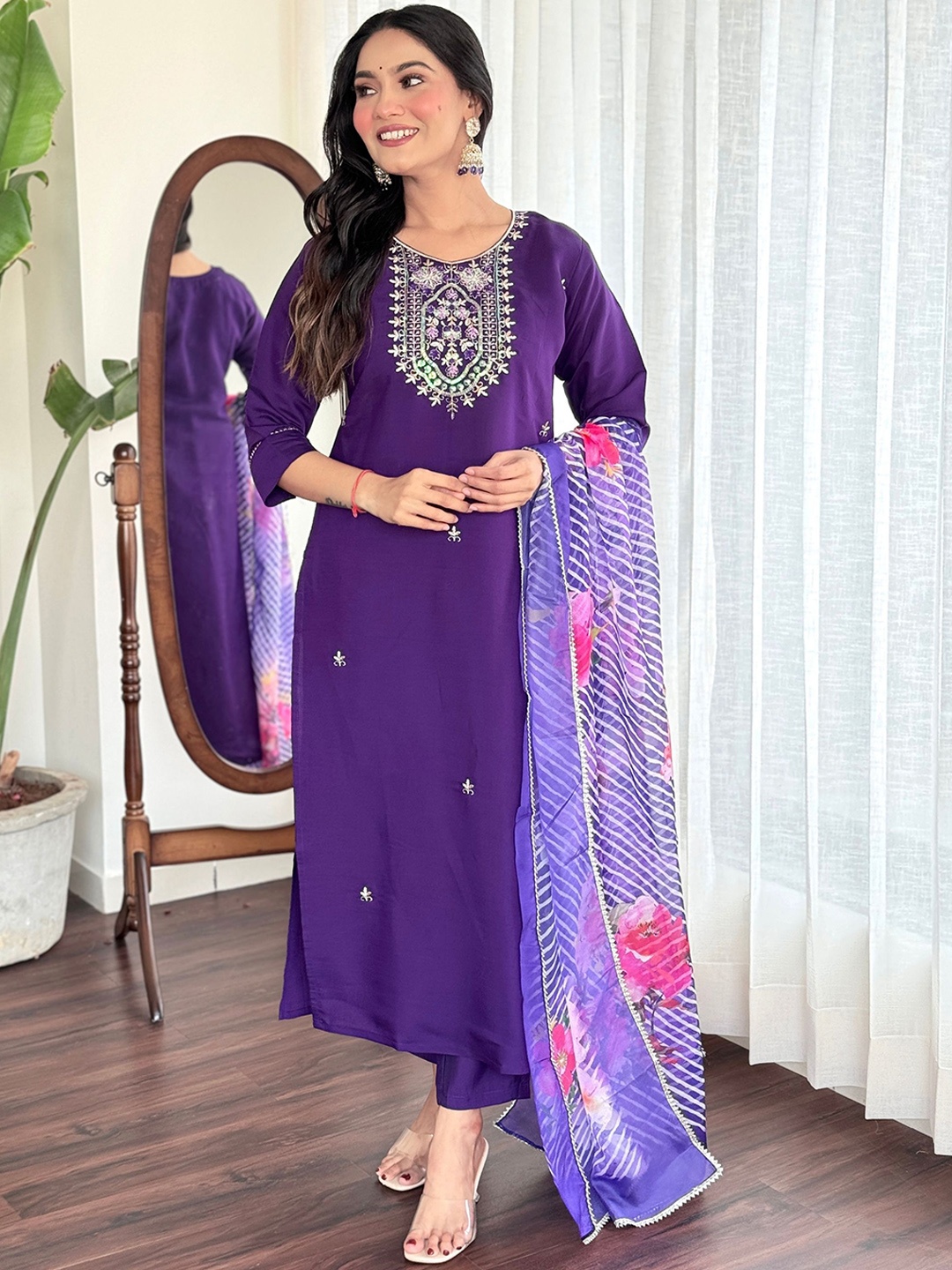 

NIZA FASHION Ethnic Motifs Embroidered Chanderi Silk Kurta with Trousers & Dupatta, Purple