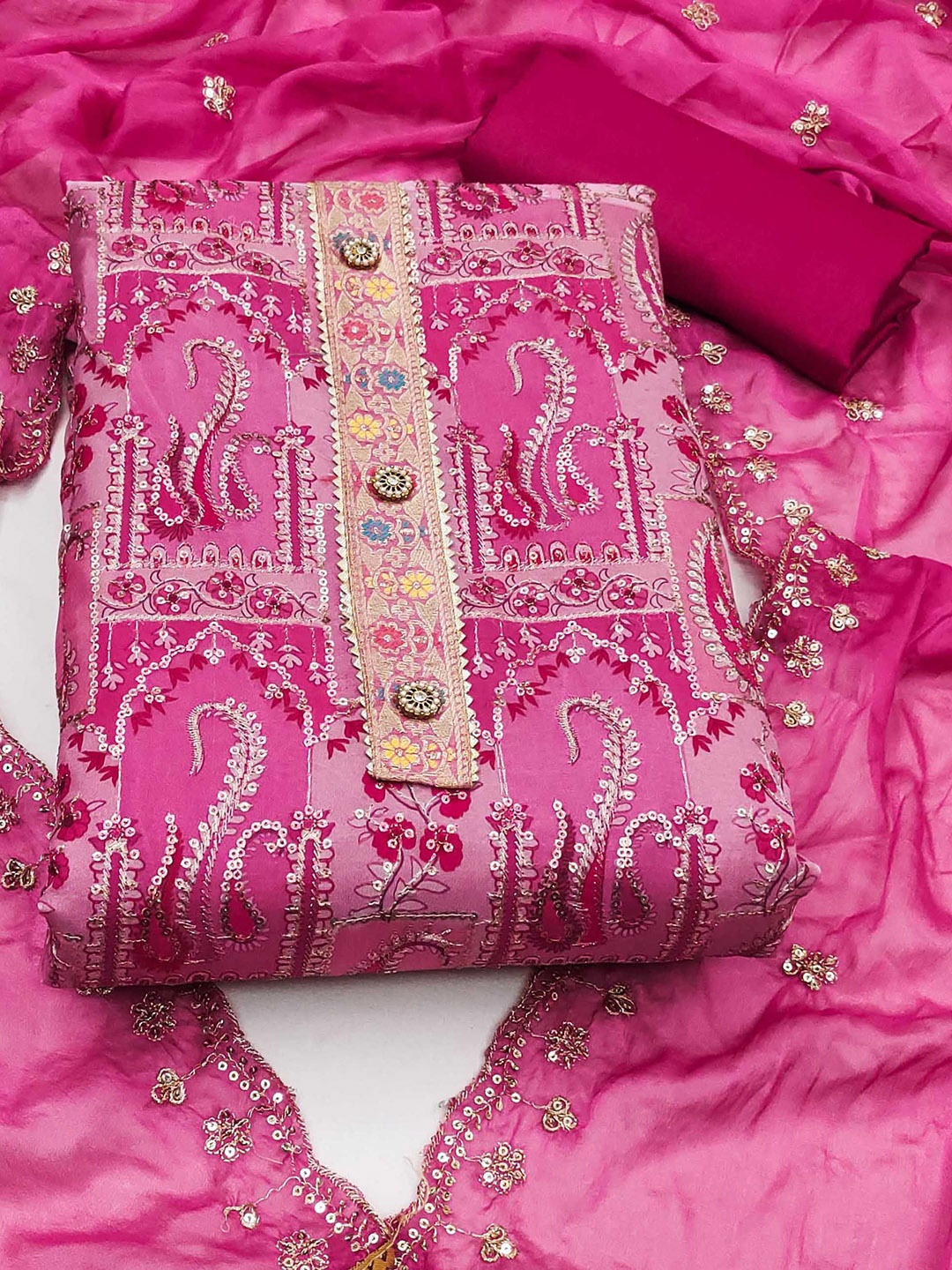 

Ishin Ethnic Motifs Embroidered Sequinned Organza Unstitched Dress Material, Pink
