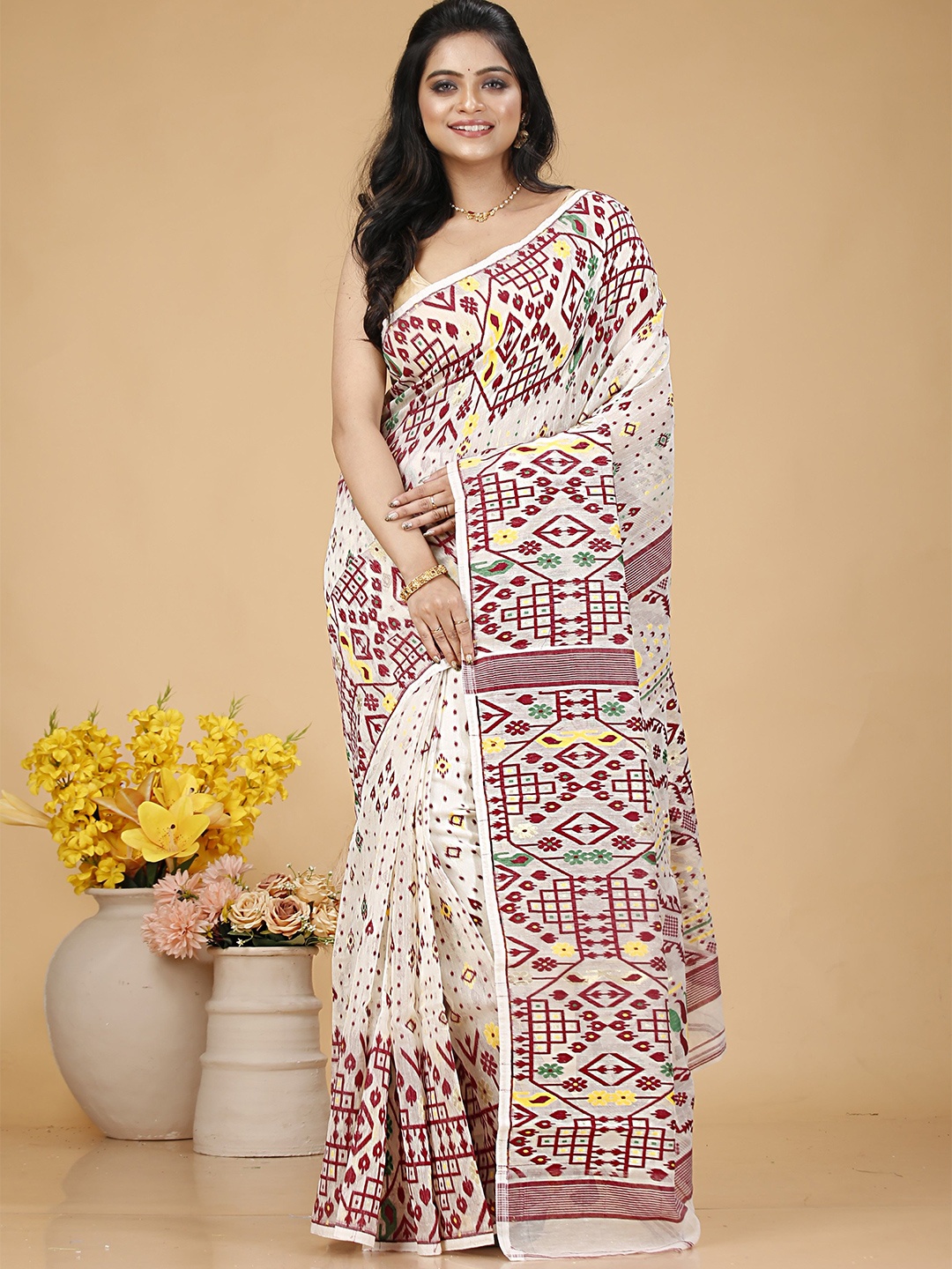 

SLAGHA Woven Design Zari Jamdani Saree, White