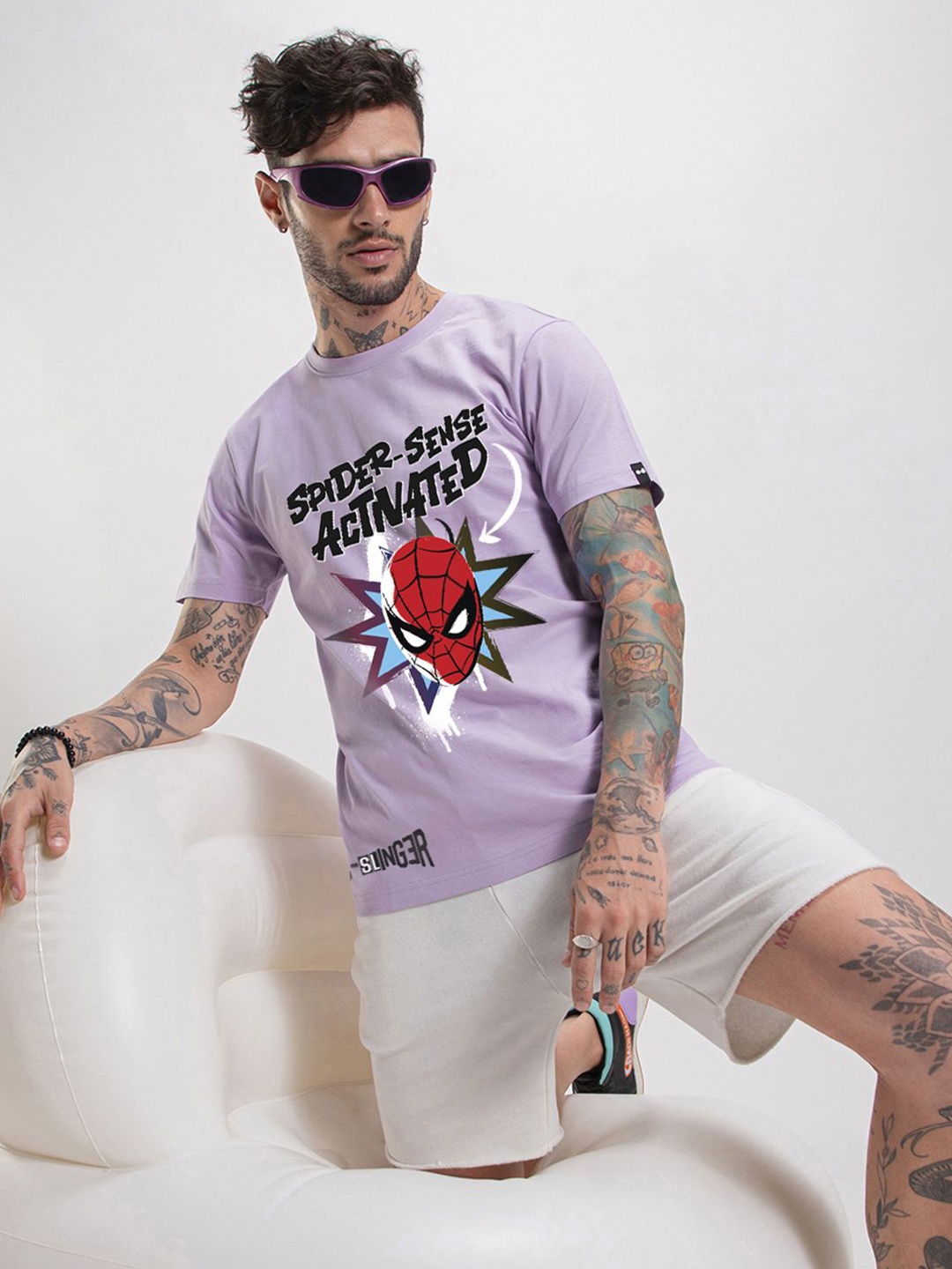 

Bewakoof Men Graphic Printed Round Neck Pure Cotton T-shirt, Purple