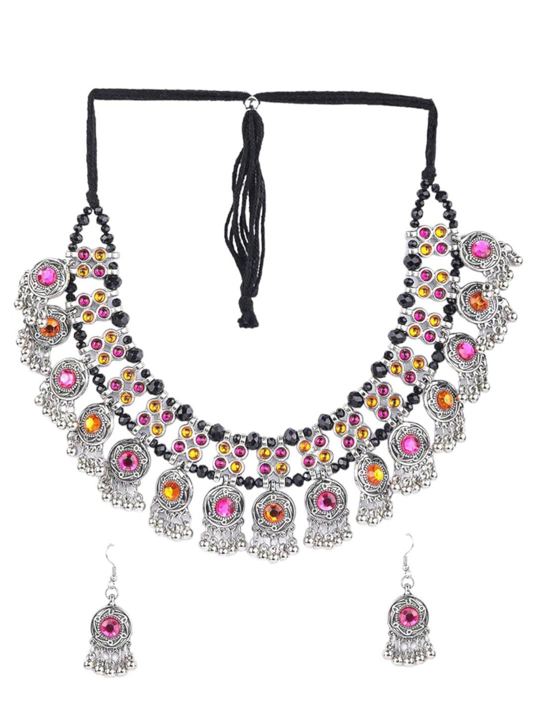 

FIMBUL Silver-Plated Oxidised Stones-Studded & Beaded Jewellery Set