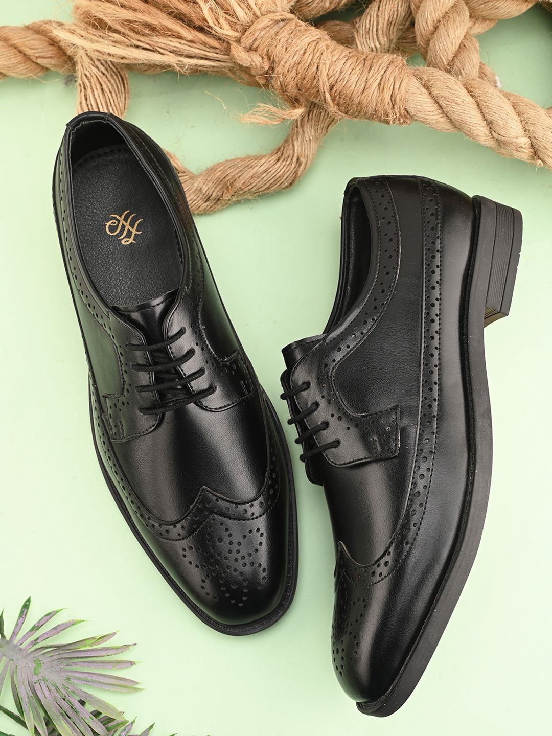 

House of Pataudi Men Textured Leather Formal Brogues, Black