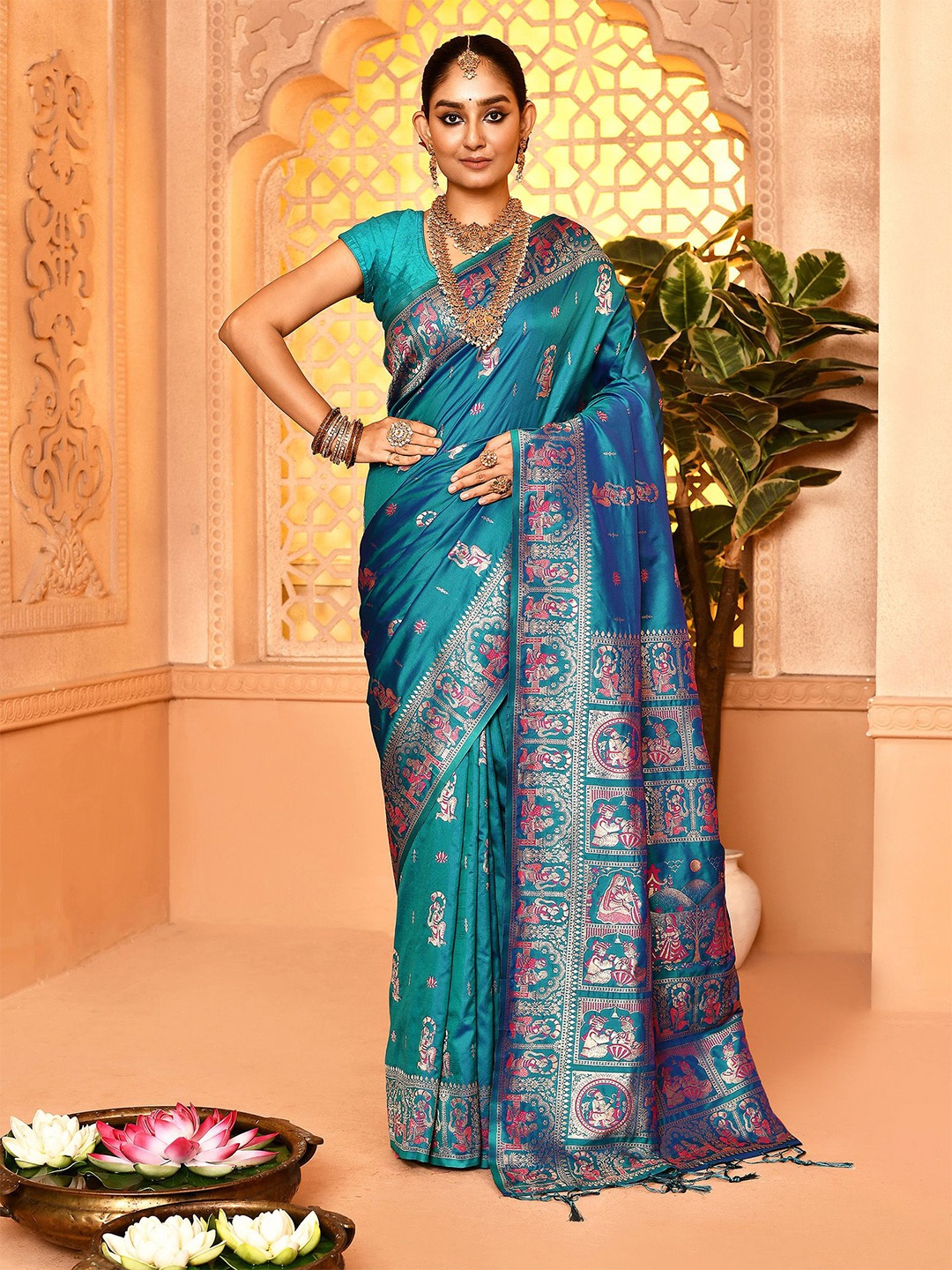 

elora Kalamkari Woven Design Zari Baluchari Saree, Turquoise blue