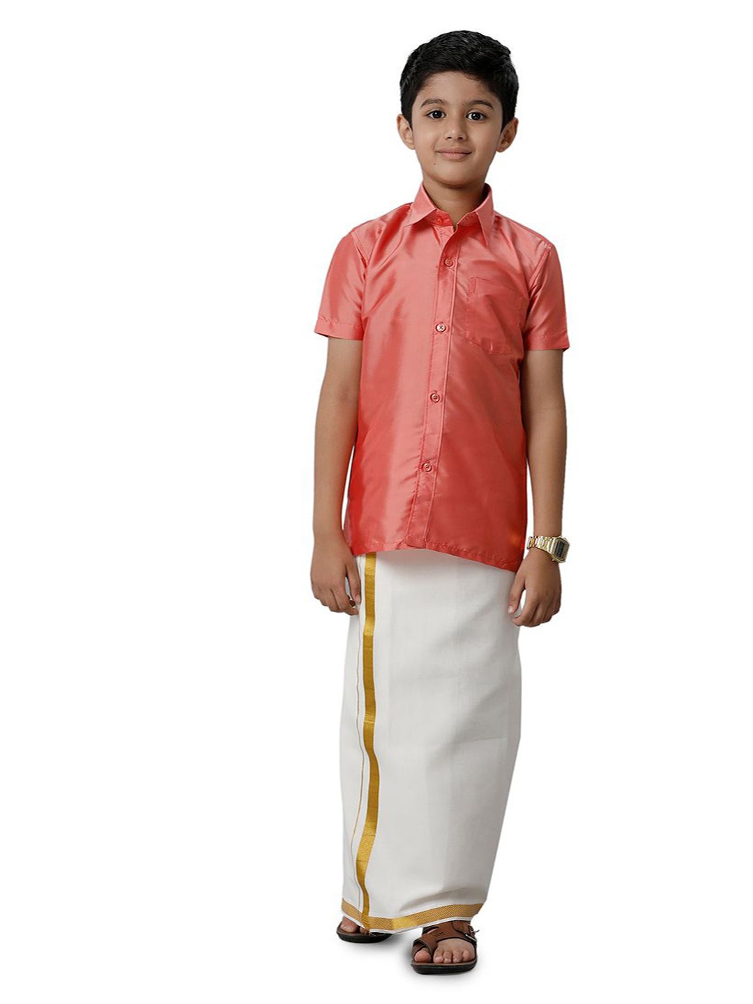 

RAMRAJ Boys Silk Cotton Shirt with Adjustable Dhoti Combo, Pink