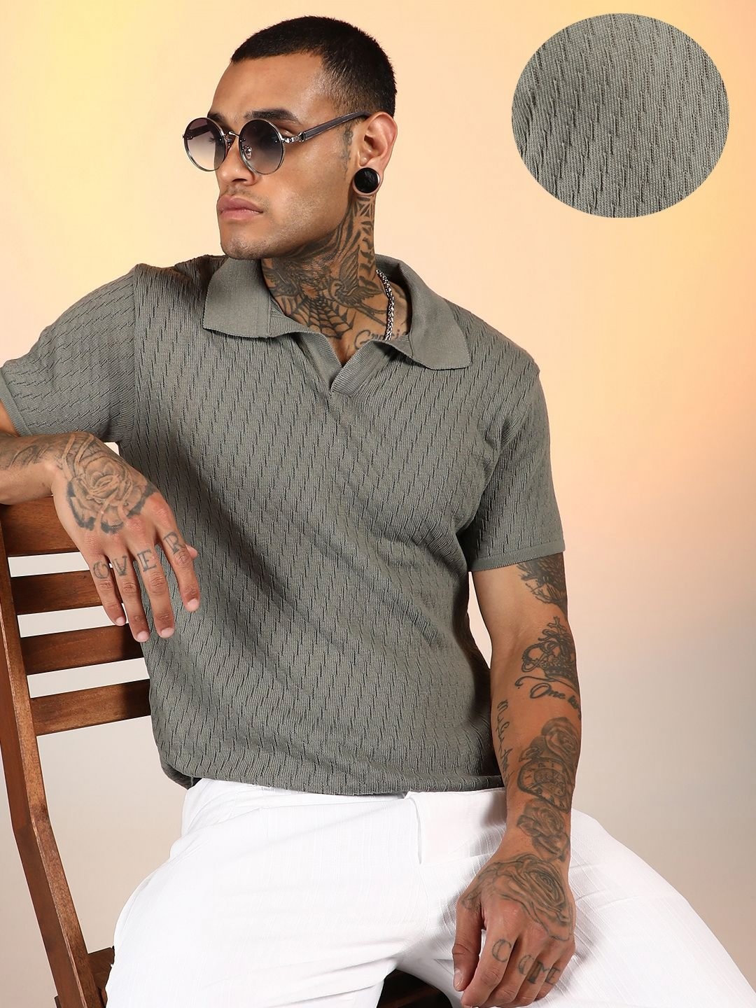

Campus Sutra Men Self Design Polo Collar Cotton T-shirt, Grey