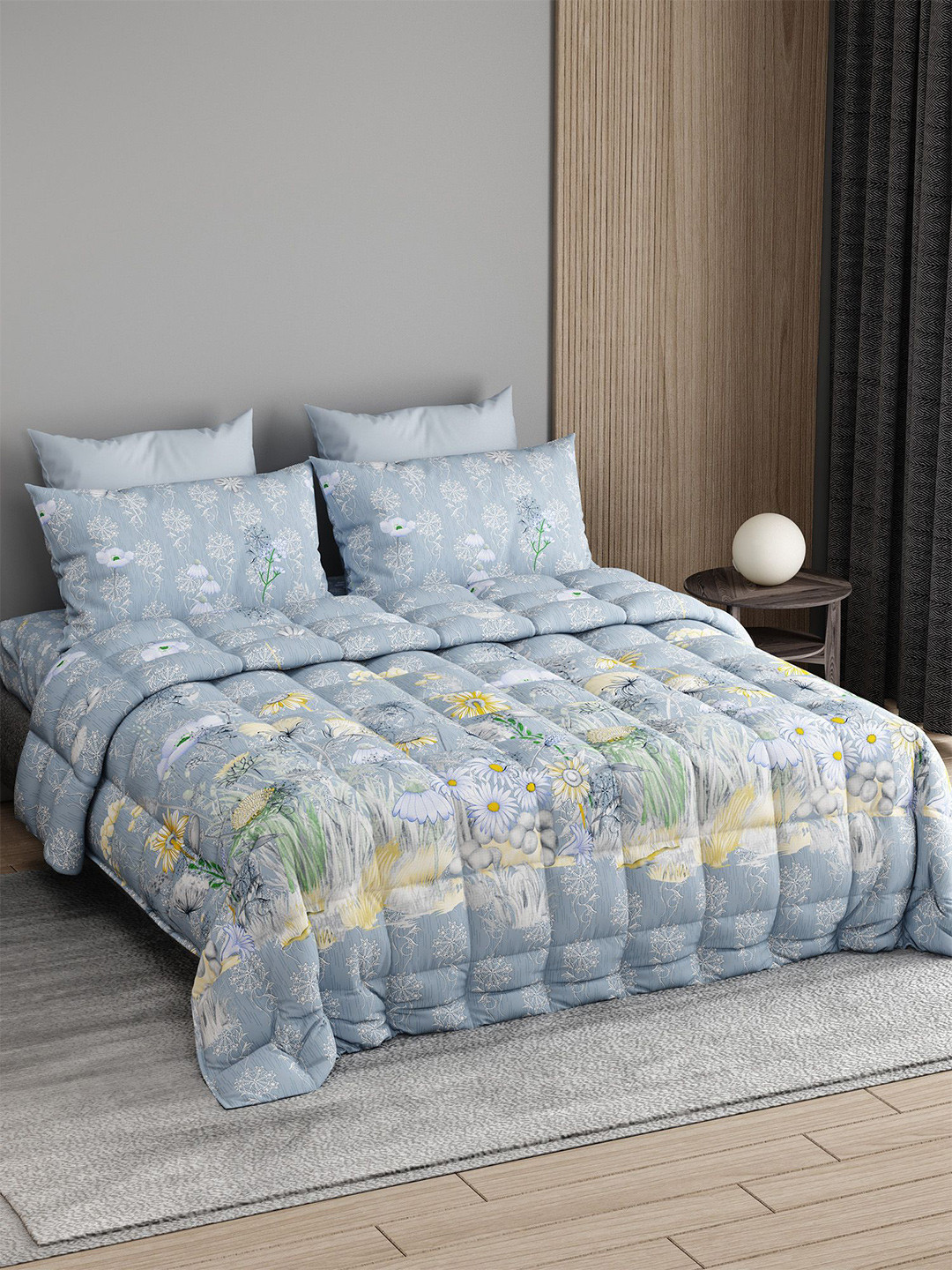 

LABHAM Blue & Green Printed Self Design Pure Cotton Double King Superfine Bedding Set