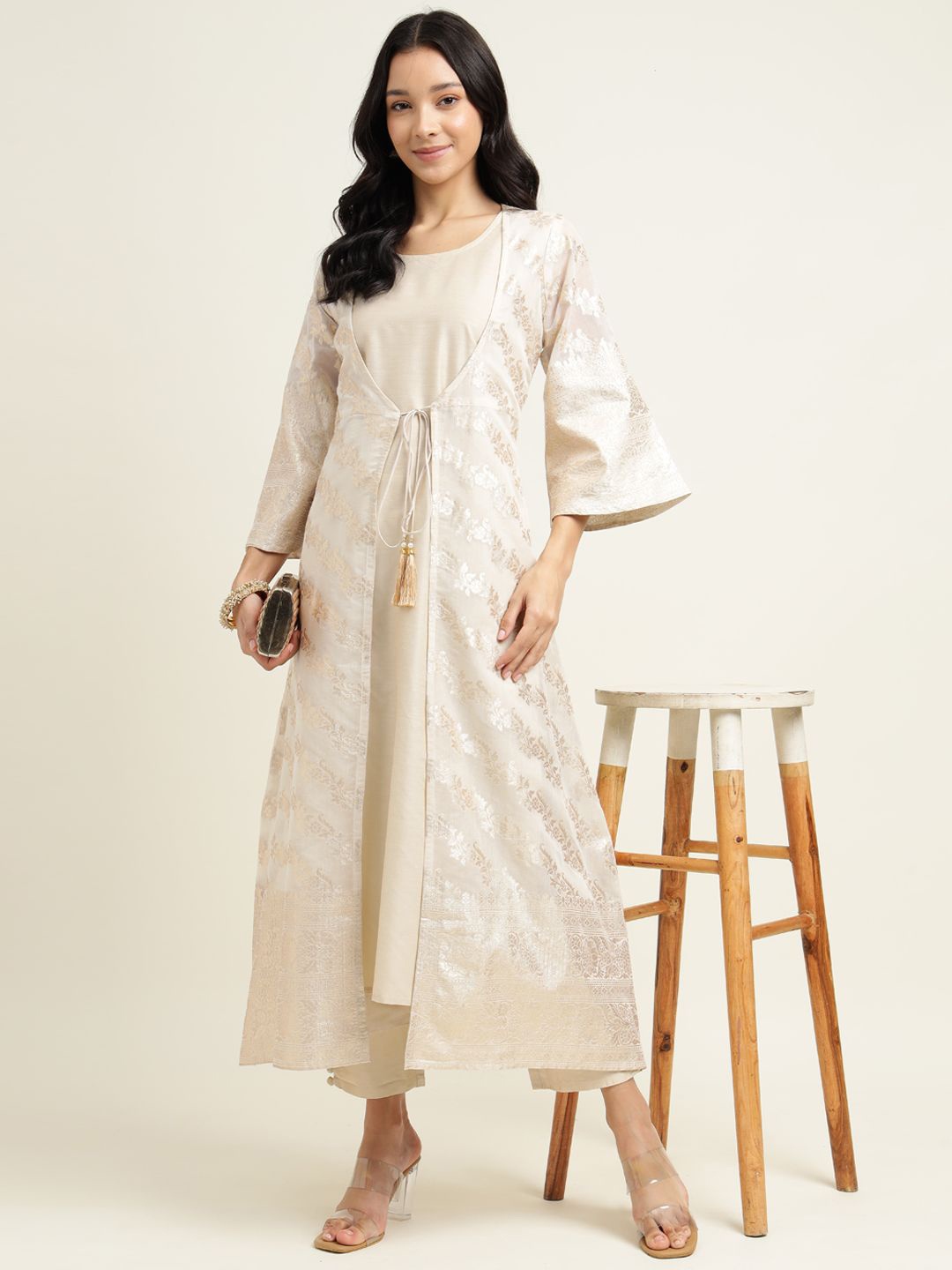 

ZARI Floral Woven Design Pure Cotton Anarkali Kurta with Trousers & With Dupatta, Cream