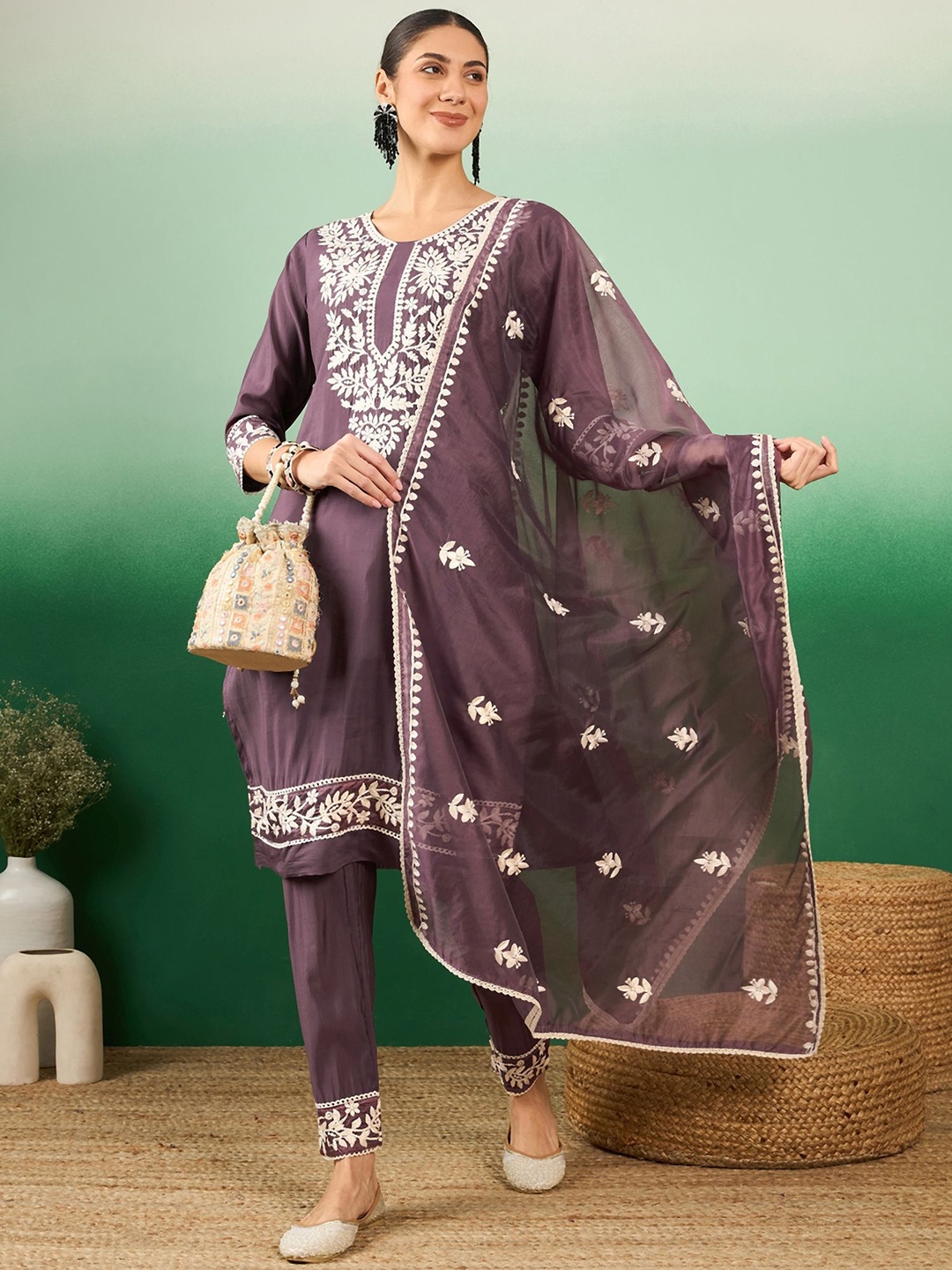 

Maroosh Women Embroidered Kurta & Trouser with Dupatta Set, Purple