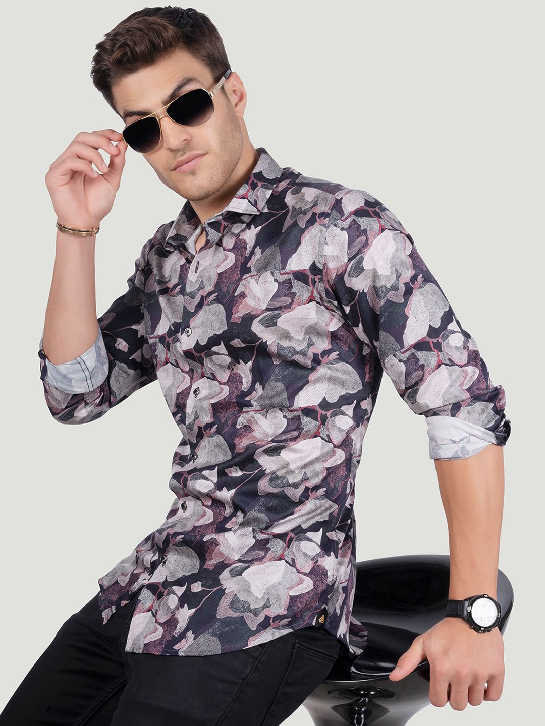 

ALMATY Men Comfort Spread Collar Floral Printed Cotton Slim Fit Party Shirt, Black