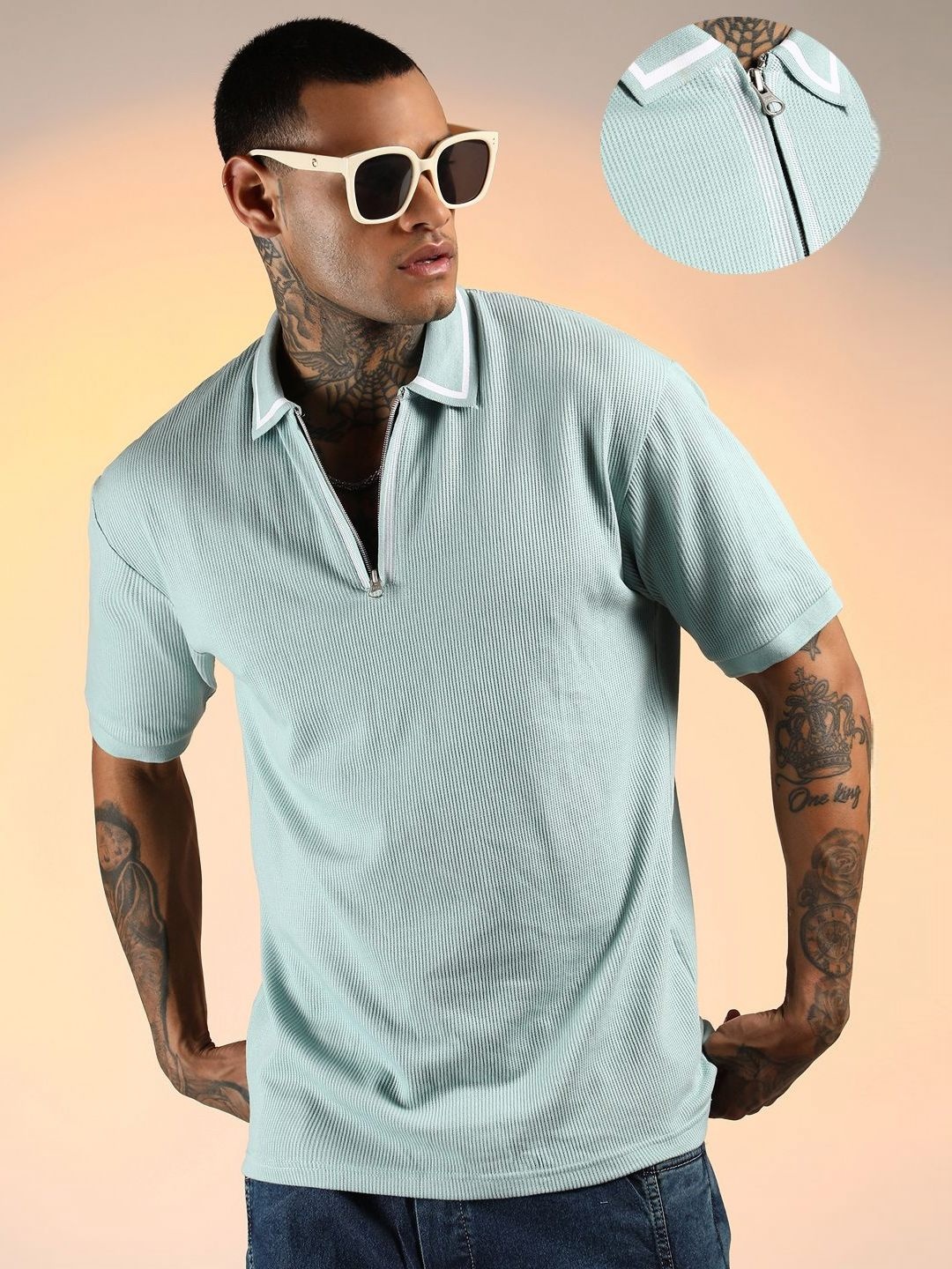 

Campus Sutra Men Self Design Polo Collar Cotton T-shirt, Green