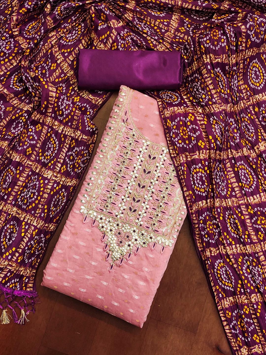 

Ishin Floral Embroidered Beads and Stones Detail Unstitched Dress Material, Pink