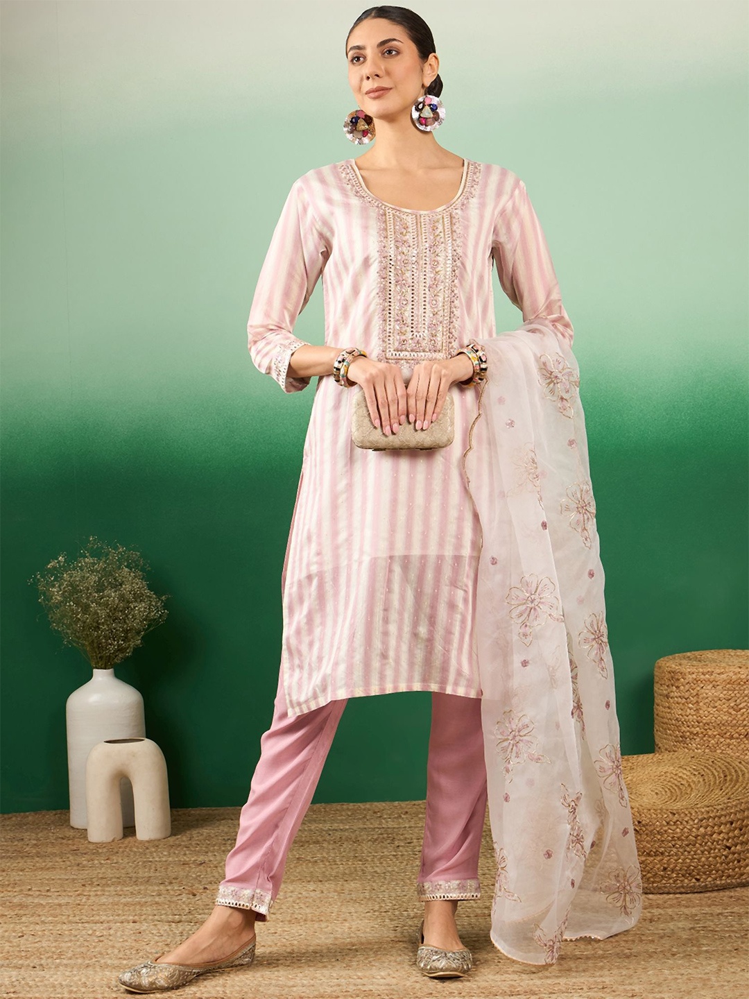 

Maroosh Women Striped Embroidered Kurta & Trouser with Dupatta, Pink