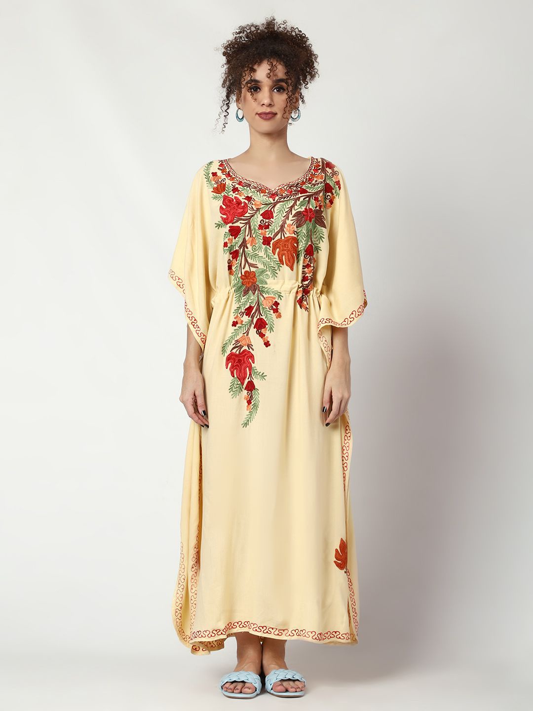 

CRAFTBAZAR Floral Embroidered Kaftan Maxi Dress, Cream