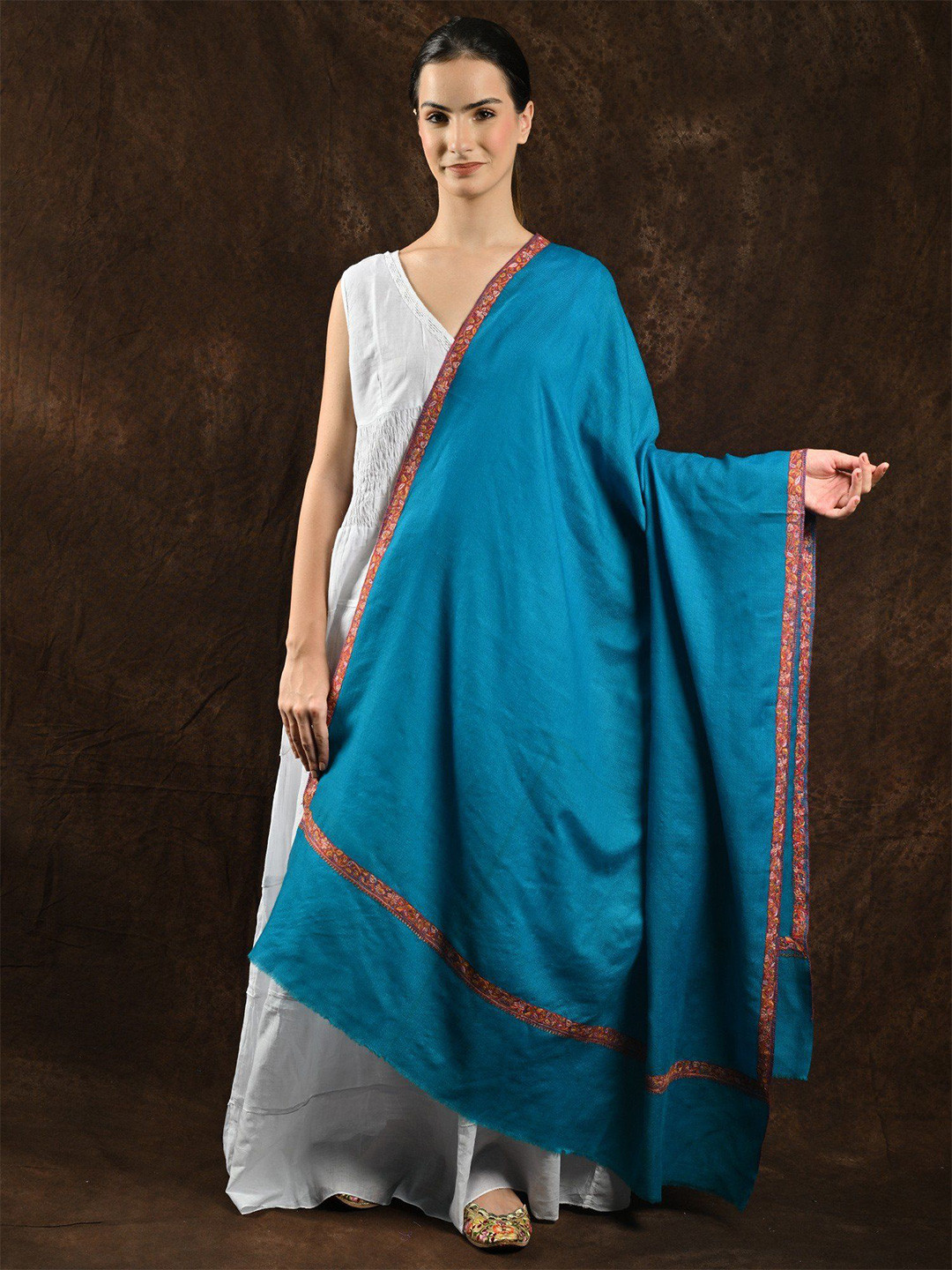

Exotic India Blue Jewel Plain Sozni Hand-Embroidery on Border Pure Wool Kashmiri Shawl