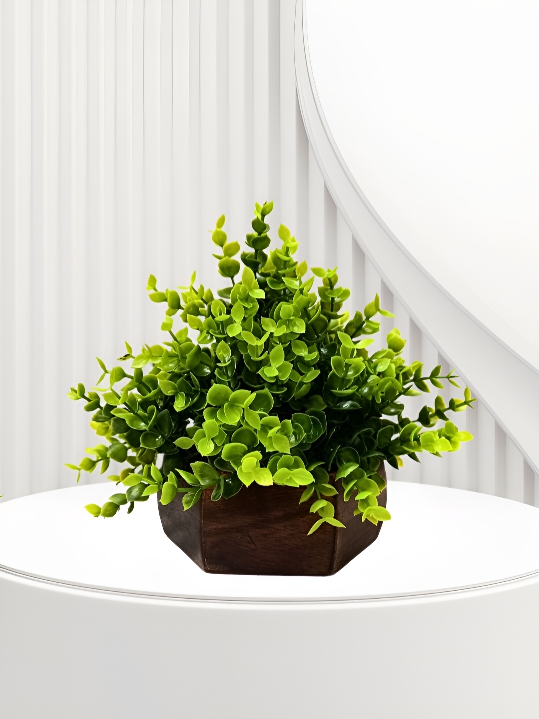 

Fancy mart Green Artificial Potted Plants with Wood Hexagun Pot