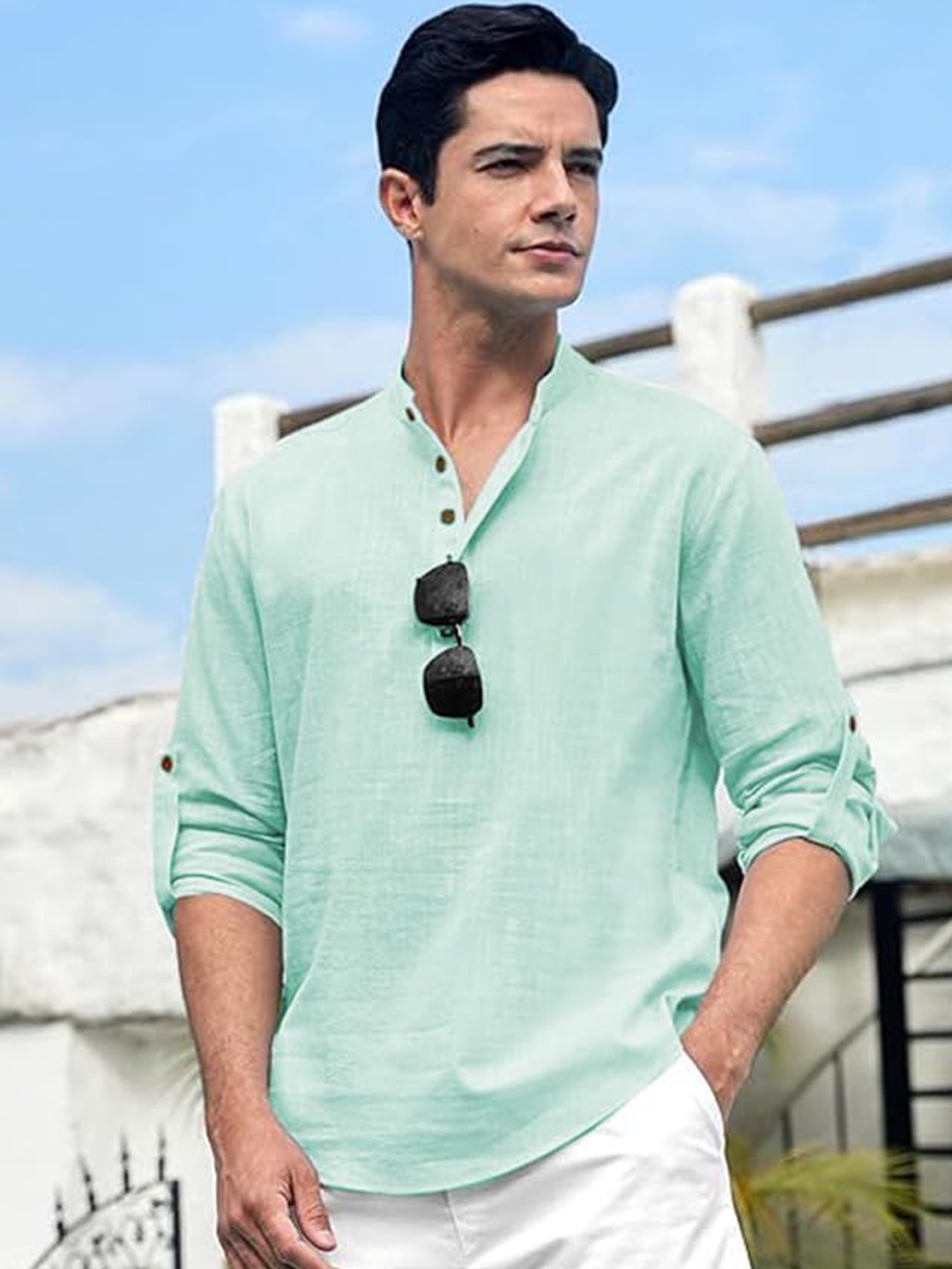 

Vida Loca Band Collar Pure Cotton Short Kurta, Green