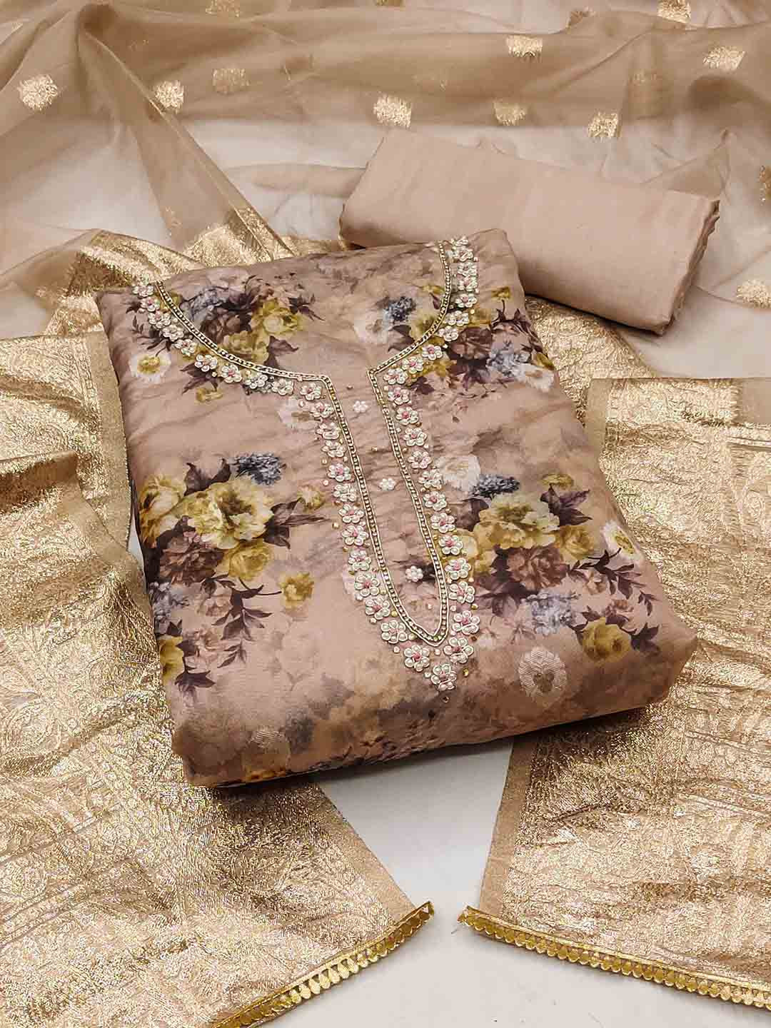 

Ishin Pink & Gold-Toned Floral Printed Organza Unstitched Dress Material