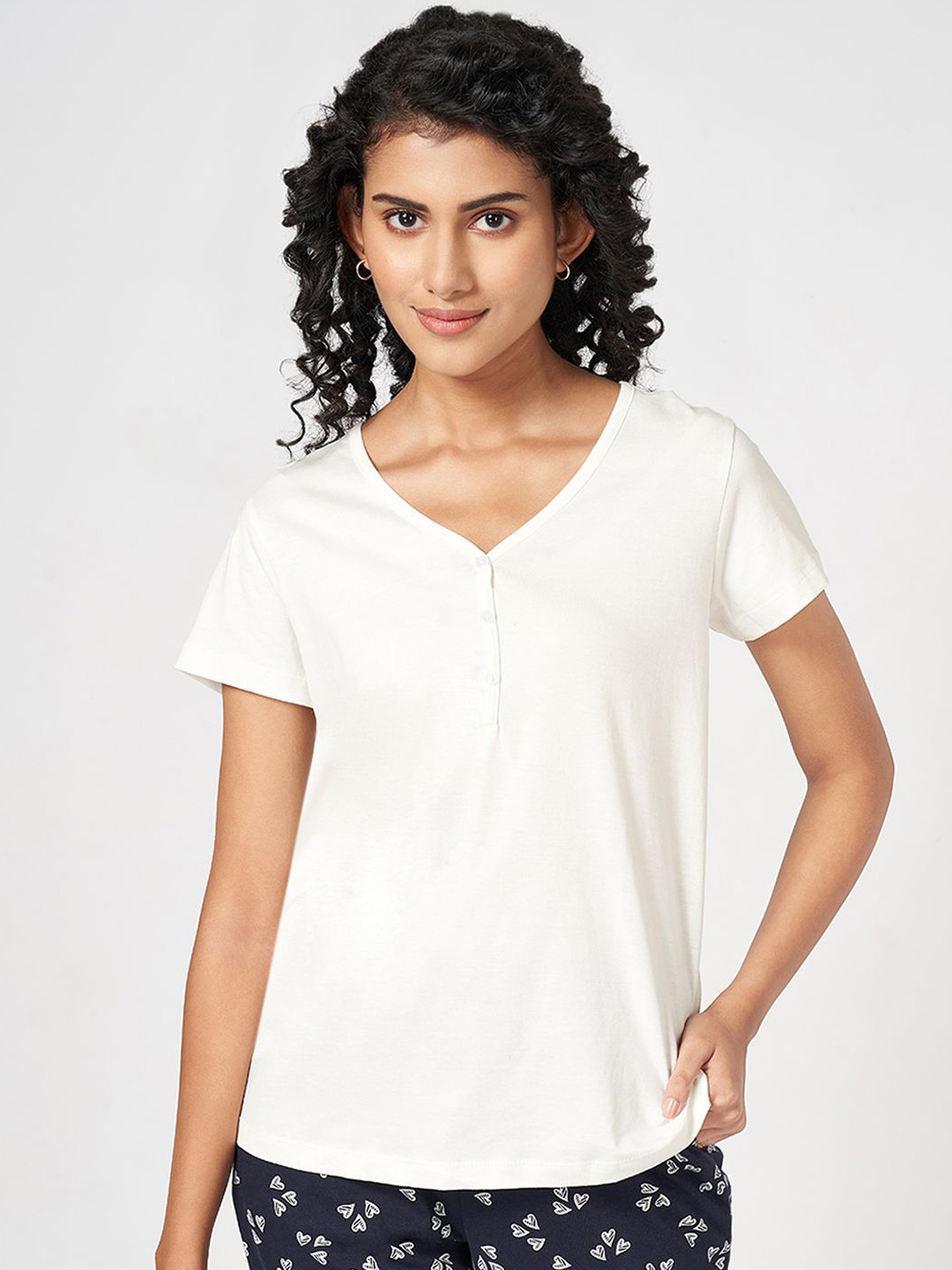

Dreamz by Pantaloons Solid Cotton Short Sleeves Lounge Tshirts, Off white