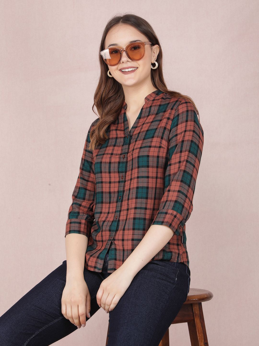 

Crimsoune Club Women Smart Mandarin Collar Tartan Checked Cotton Slim Fit Casual Shirt, Brown