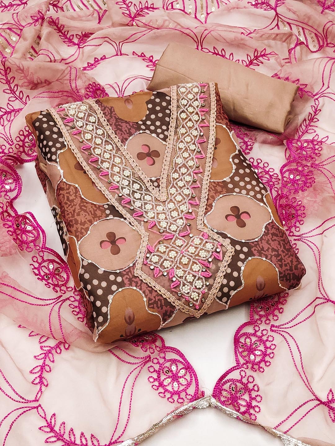 

Ishin Embroidered Organza Beads & Stones Unstitched Dress Material, Brown
