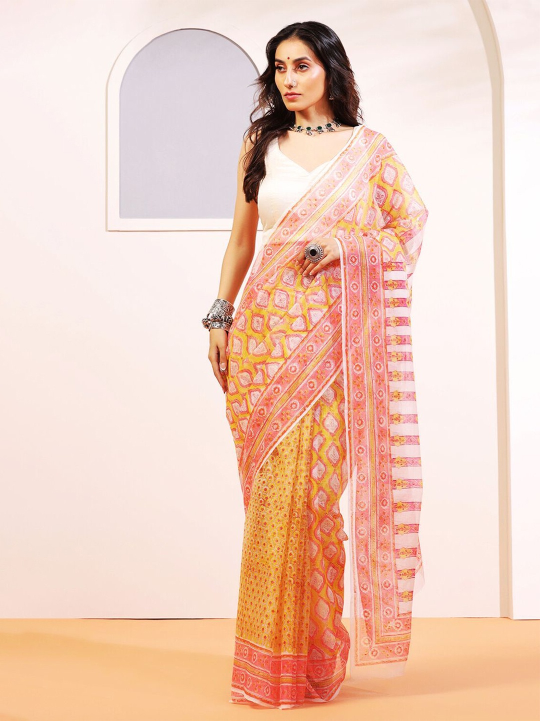 

ADITRI Handloom Ethnic Motifs Pure Cotton Kota Saree, Yellow
