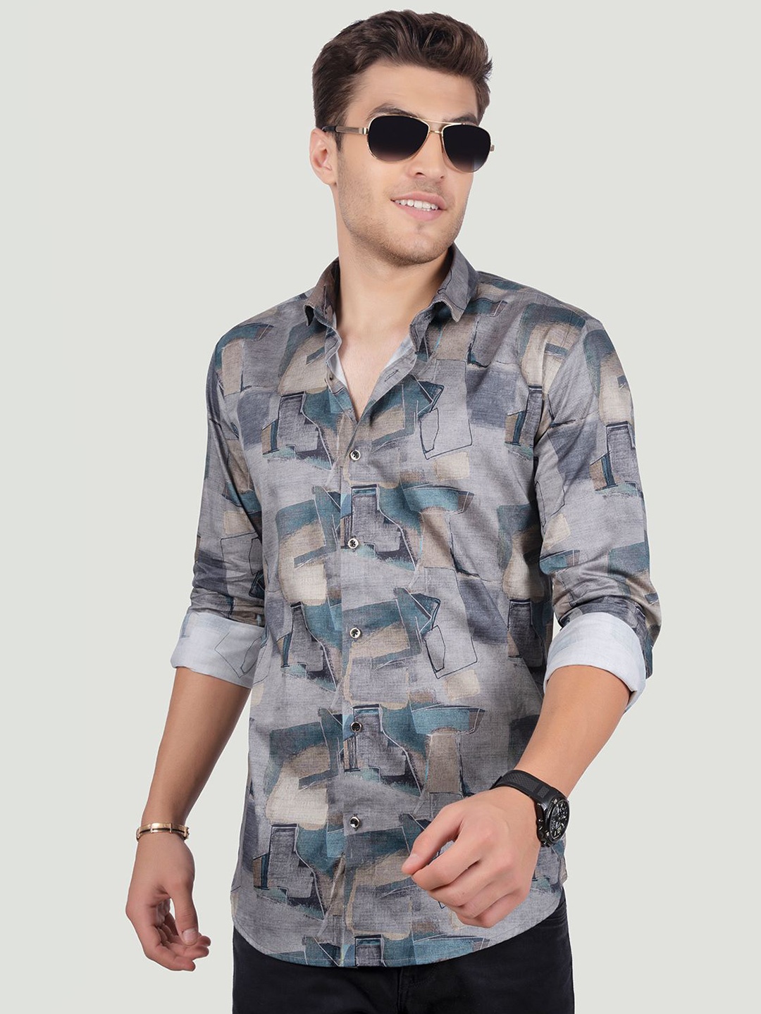 

ALMATY Men Comfort Spread Collar Abstract Printed Cotton Slim Fit Party Shirt, Grey